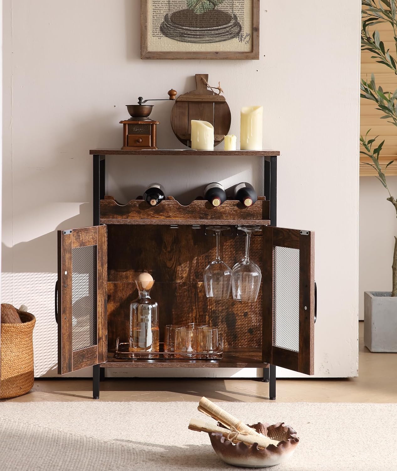 Gabinete Bar Compacto con Estantes, Soporte para Botellas y Copas, y Mesa Auxiliar