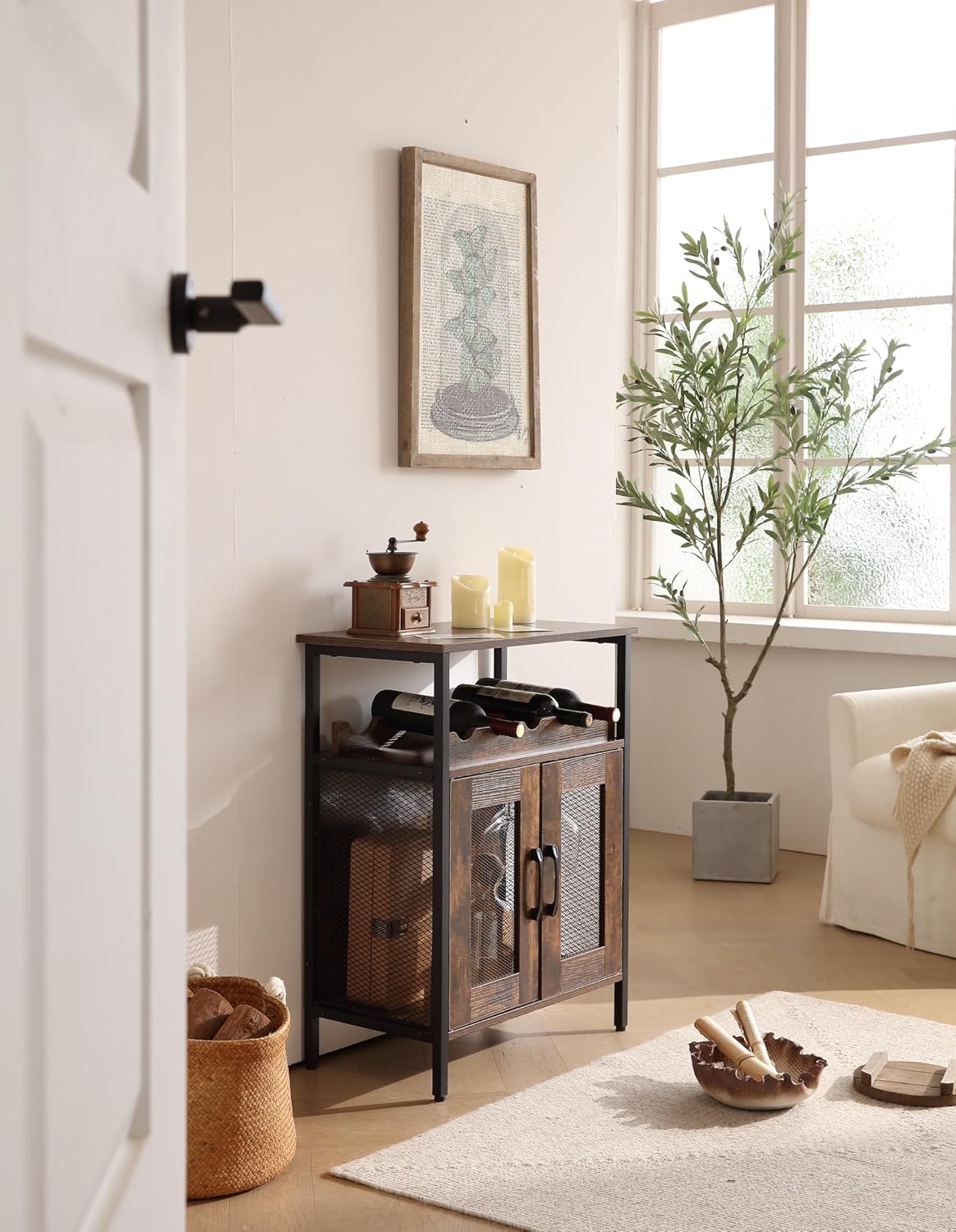 Gabinete Bar Compacto con Estantes, Soporte para Botellas y Copas, y Mesa Auxiliar