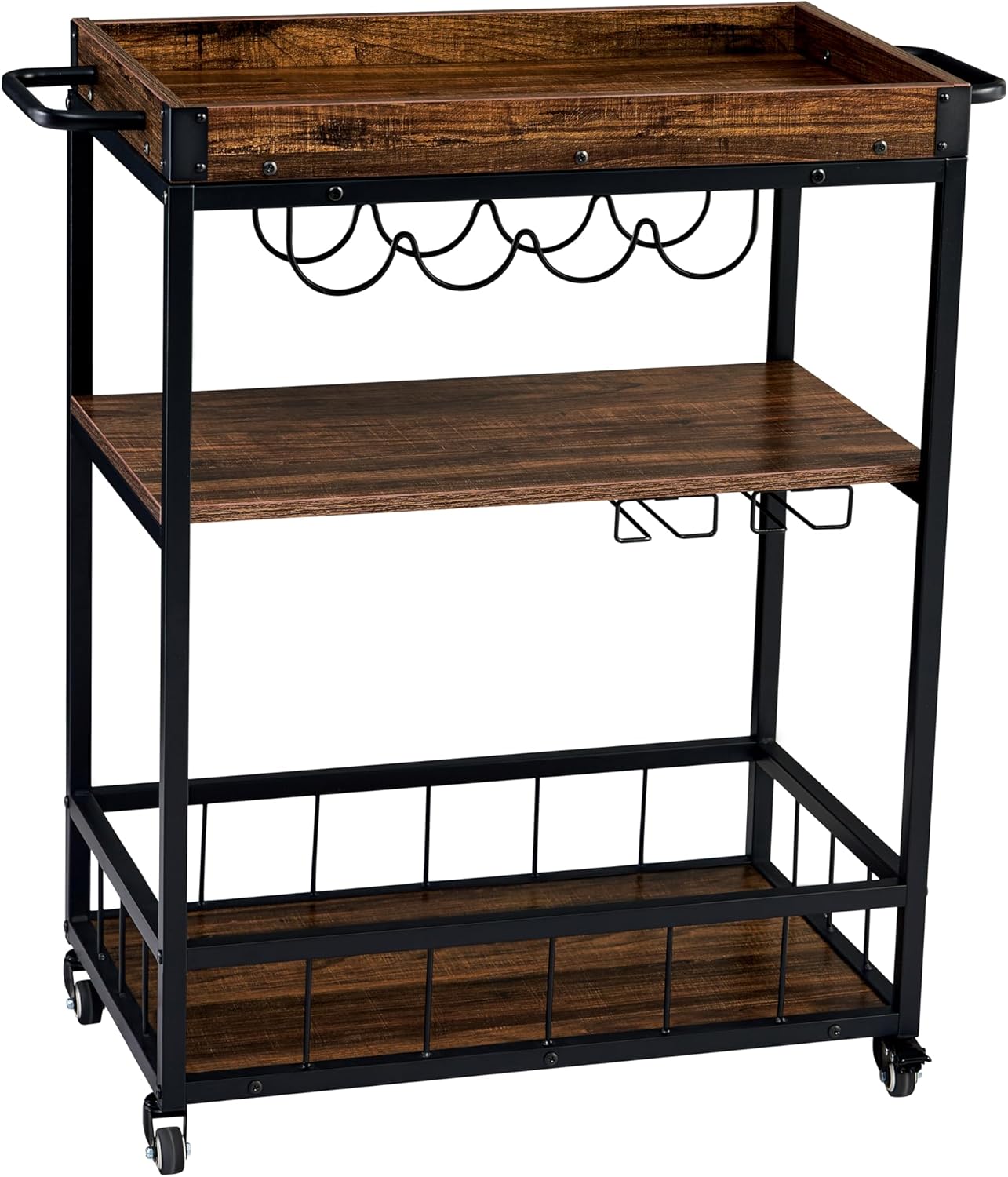 Carrito de Bar de 3 Niveles con Ruedas, Bandeja Extraíble y Soporte para Copas – MDF Marrón Rústico