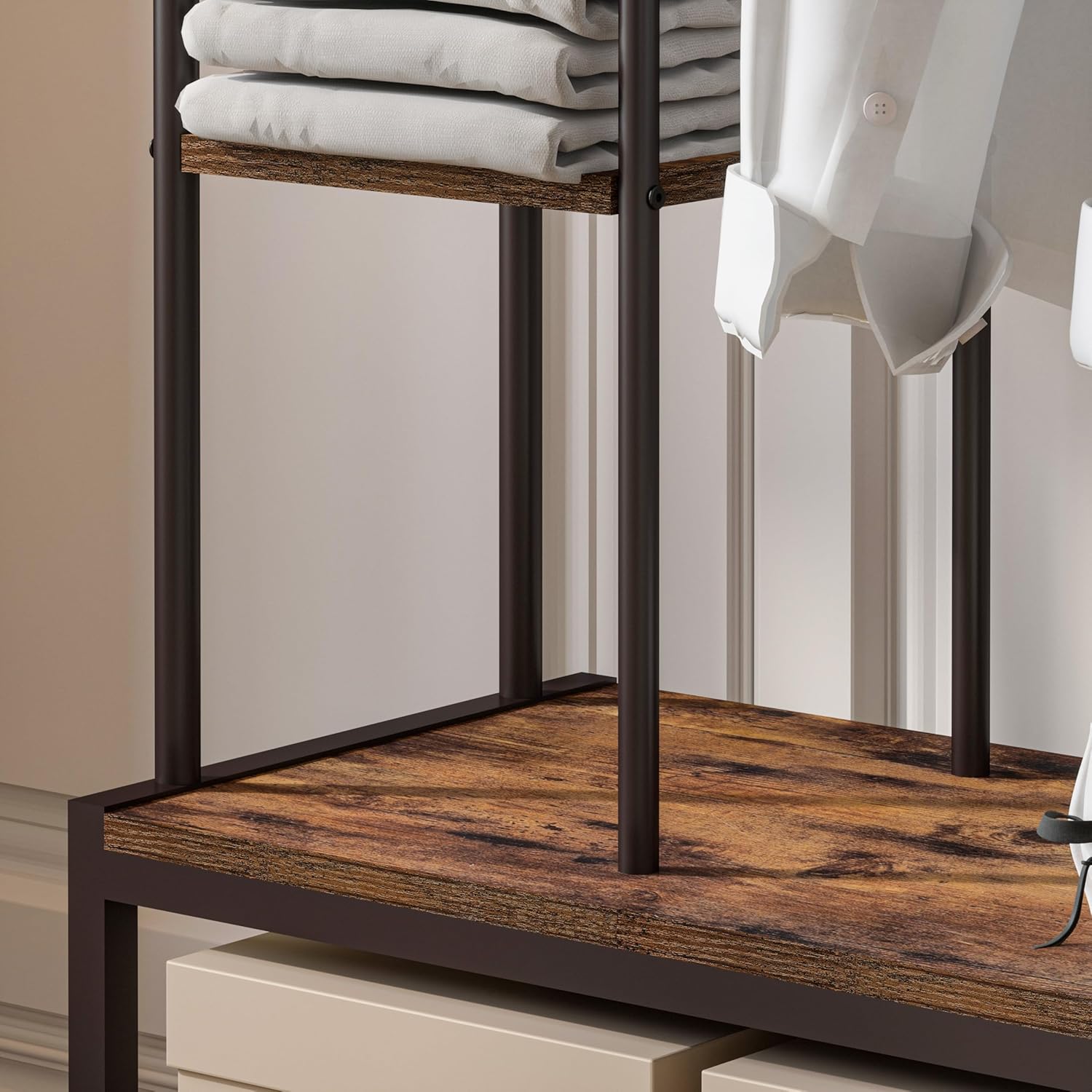 Perchero de Ropa con Ruedas y Doble Barra con 3 Repisas para Bolsos y Gorras y Un Estante Zapatero