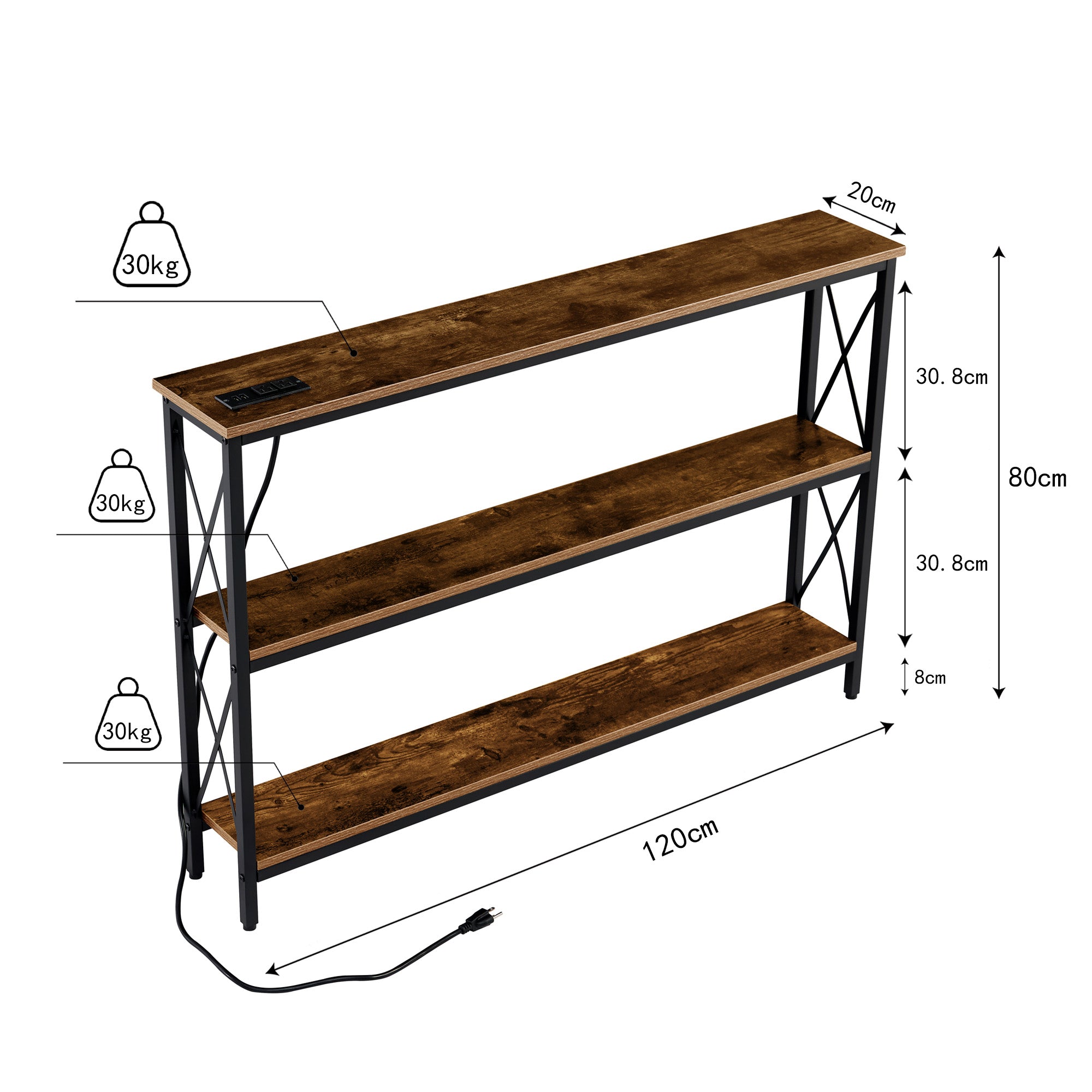 Mesa Consola 120 cm Estrecha de 3 Niveles – Con Regleta Eléctrica y Diseño Atigrado Moderno