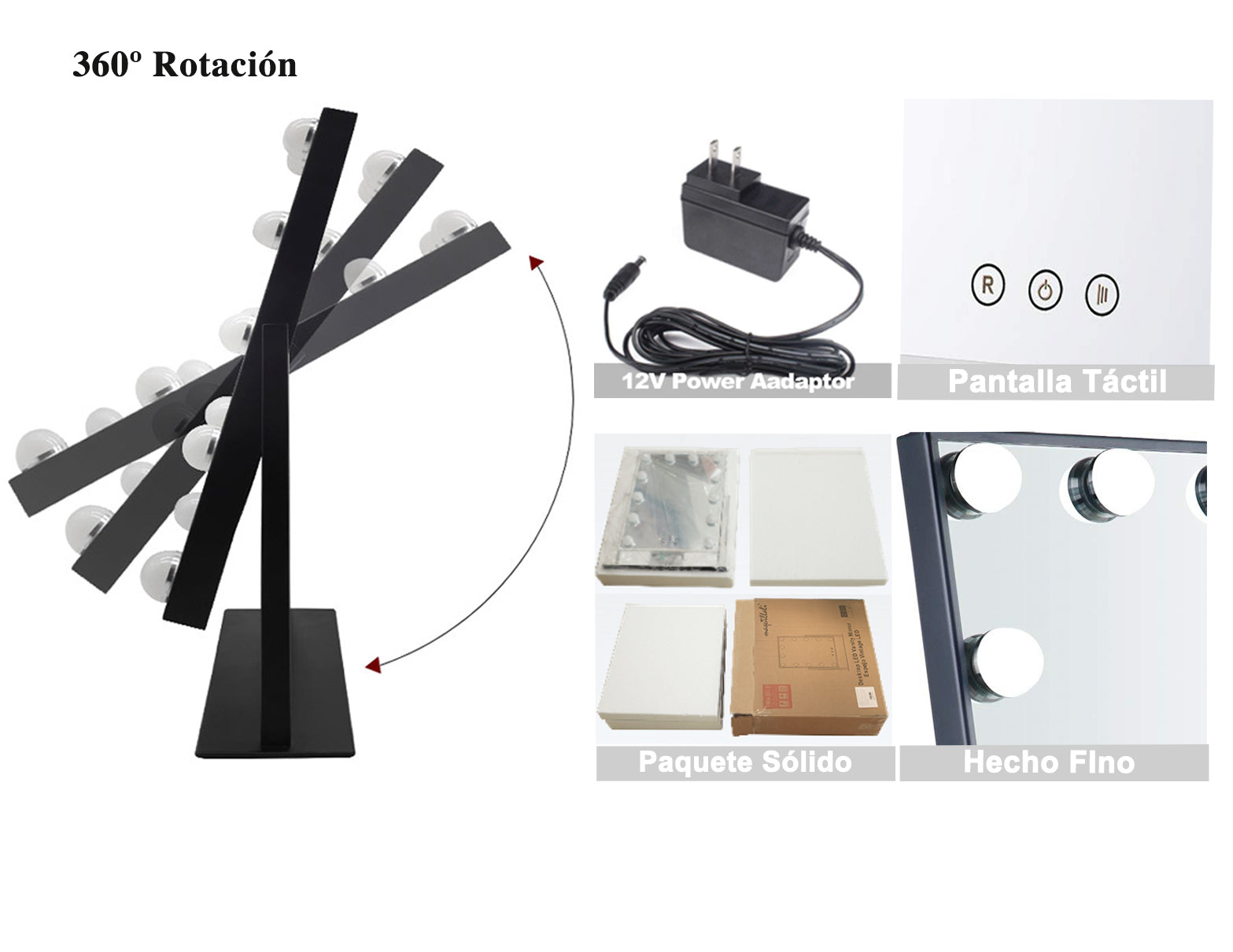 Espejo de maquillaje 12 Bombillas Led Estilo Hollywood Vintage, con espejo de aumento 10x