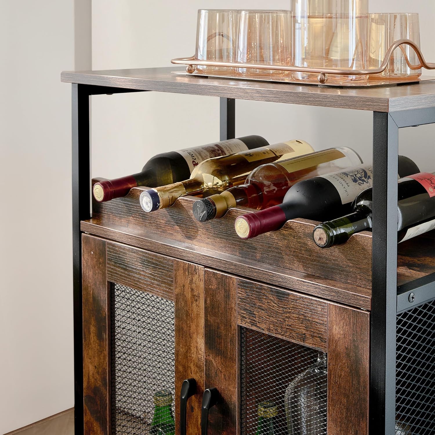 Gabinete Bar Compacto con Estantes, Soporte para Botellas y Copas, y Mesa Auxiliar