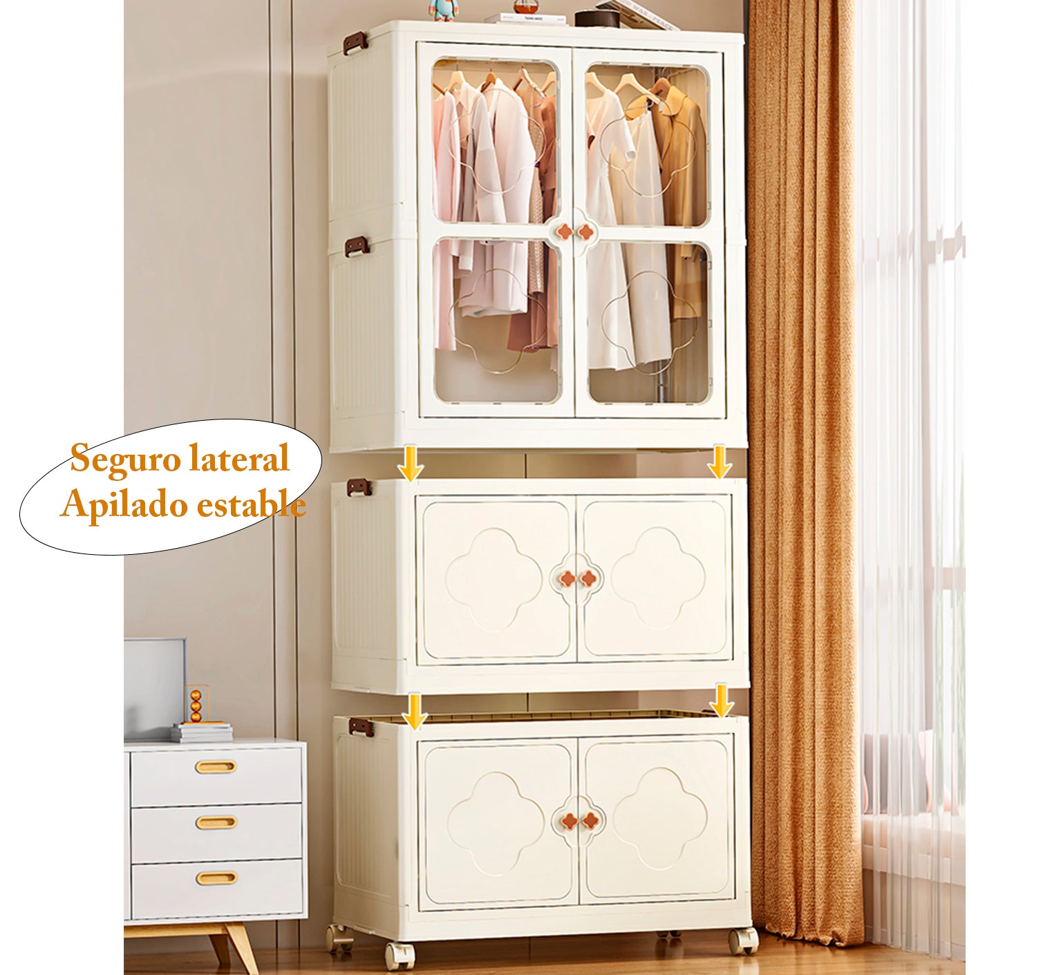 Clóset Plegable con Puertas, Ruedas y Varillas Colgantes, Armario Apilable de Plástico para Ropa