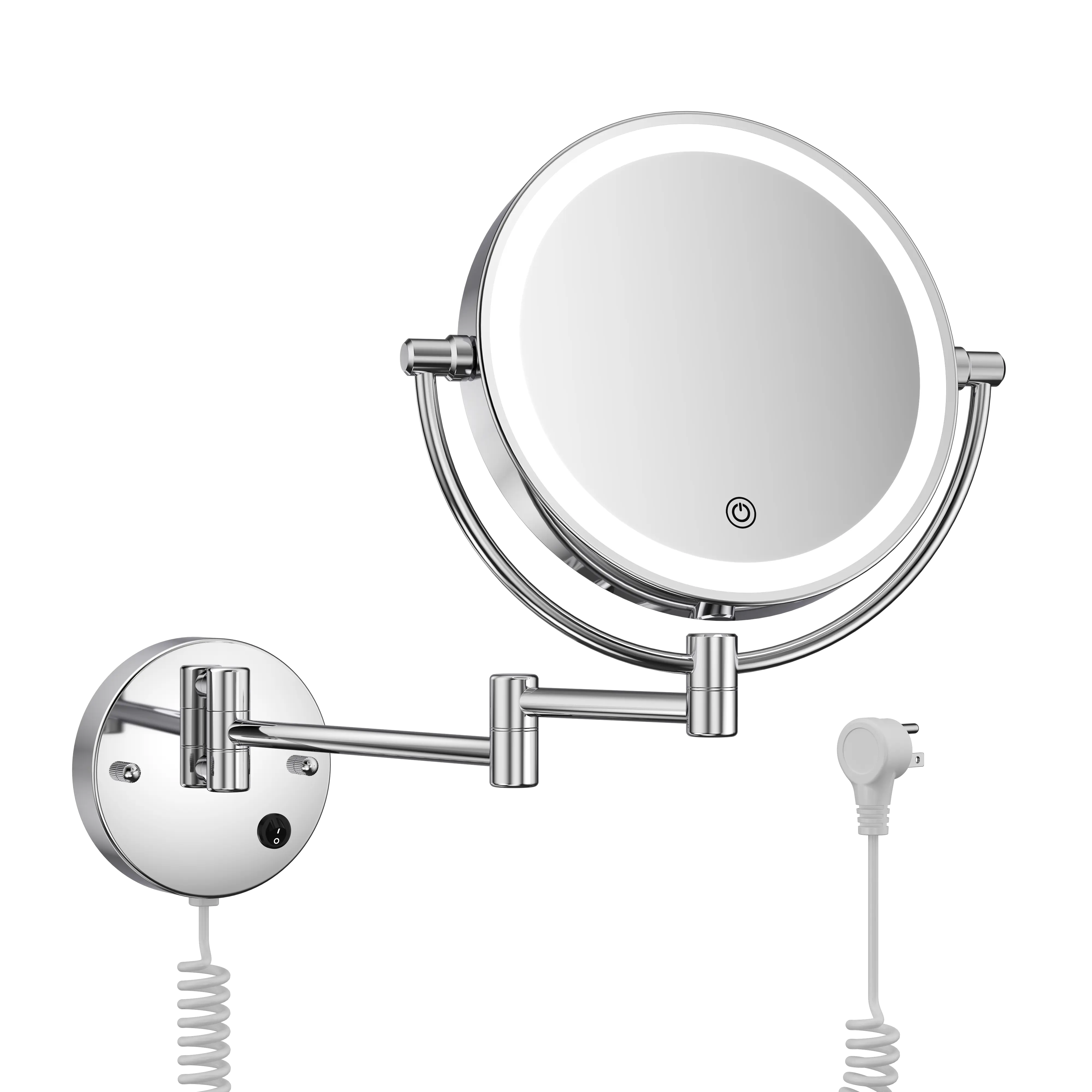 Maquillali Espejo para Baño Redondo de Maquillaje Montado en la Pared con Brazo Extensible, Doble Cara 1X/5X Aumento, Led de 3 Colores Y Ajustable En Brillo, Rotación 360°, Alimentado por Enchufe MU:4LIFE MX