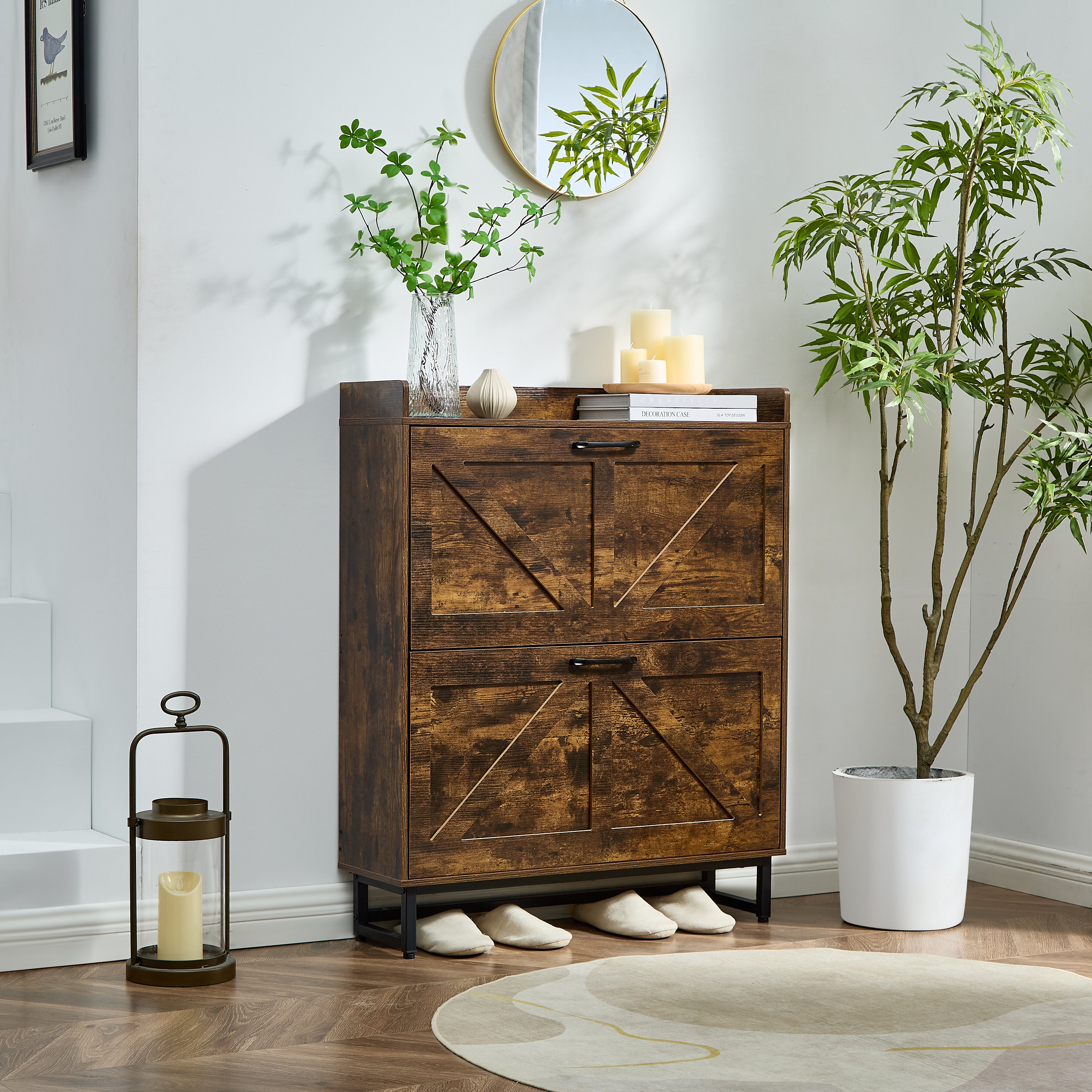 Gabinete para Almacenamiento para Calzado con 2 Cajones Abatibles, Zapatera Estrecha Organizadora De pie para Recibidor