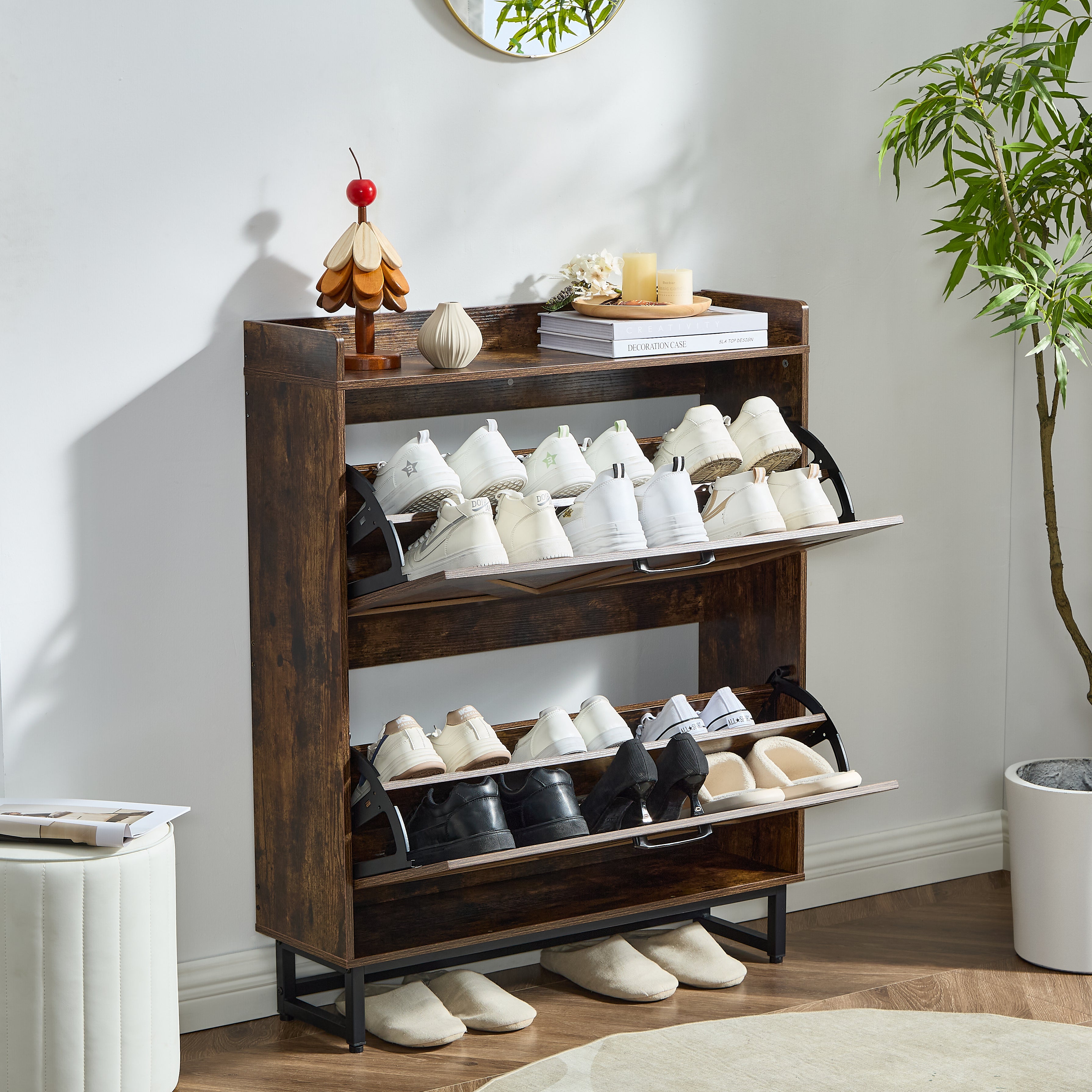 Gabinete para Almacenamiento para Calzado con 2 Cajones Abatibles, Zapatera Estrecha Organizadora De pie para Recibidor