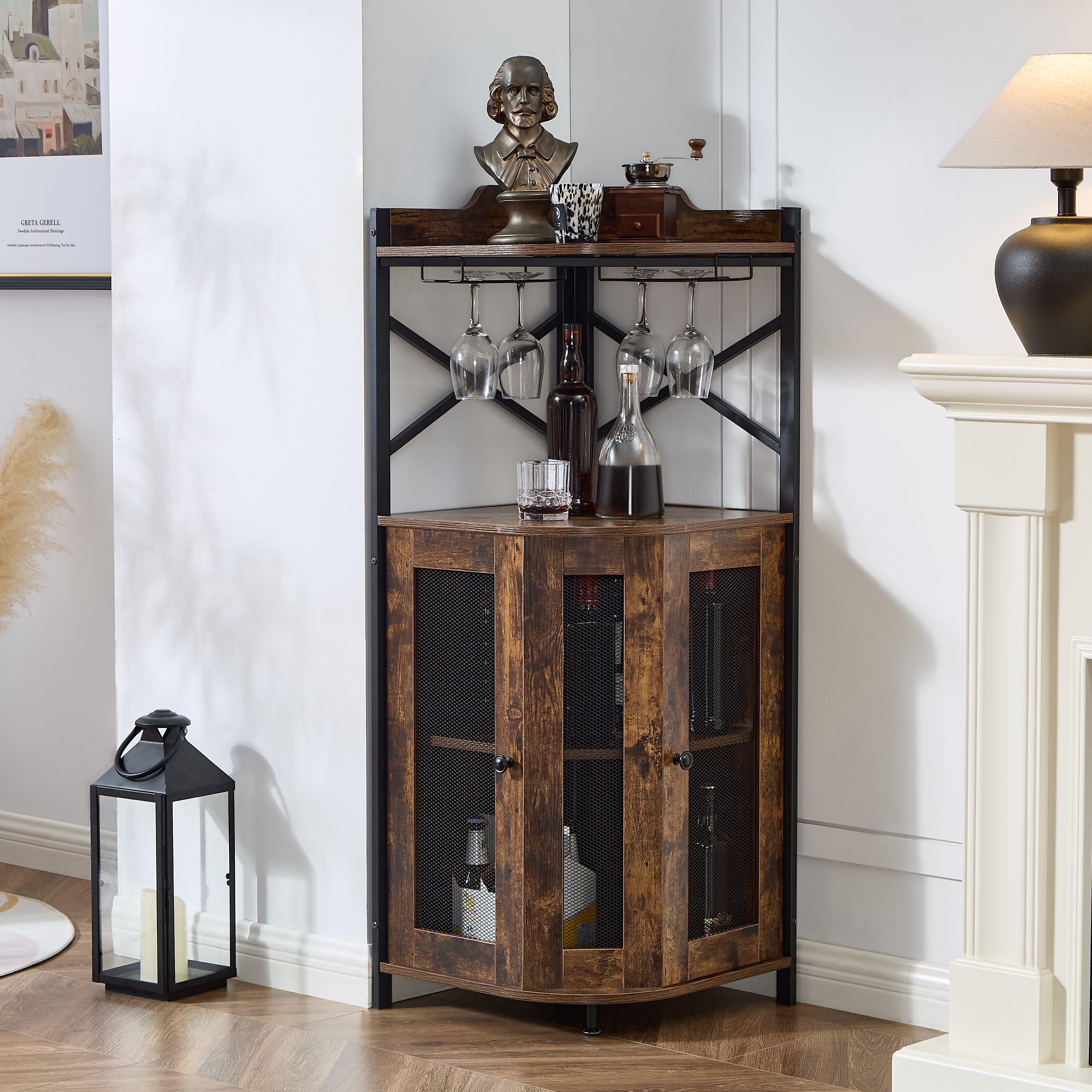 Gabinete de Bar Esquinero con Soporte para Copas, Mueble Mini Cantina para Licores y Bebidas