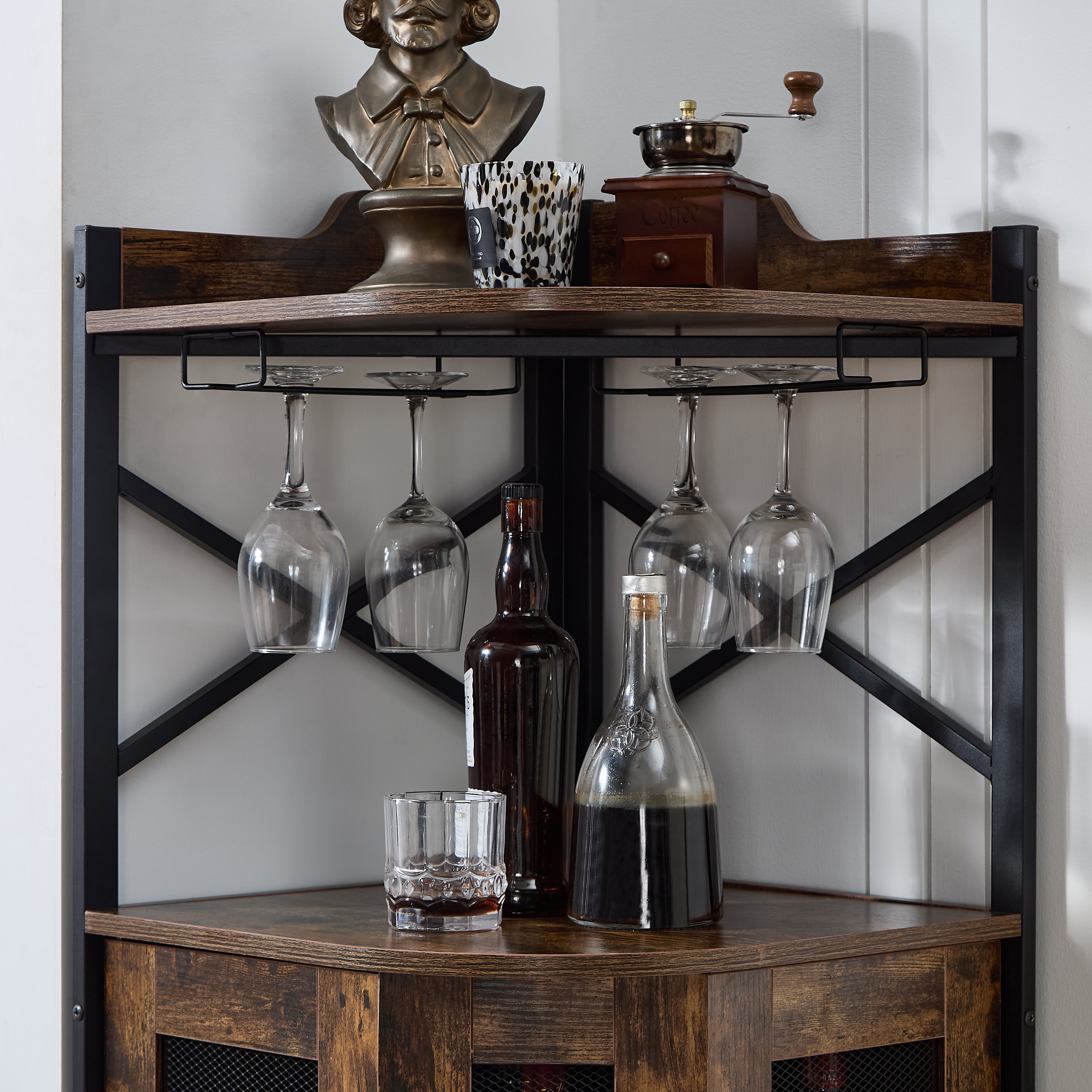 Gabinete de Bar Esquinero con Soporte para Copas, Mueble Mini Cantina para Licores y Bebidas