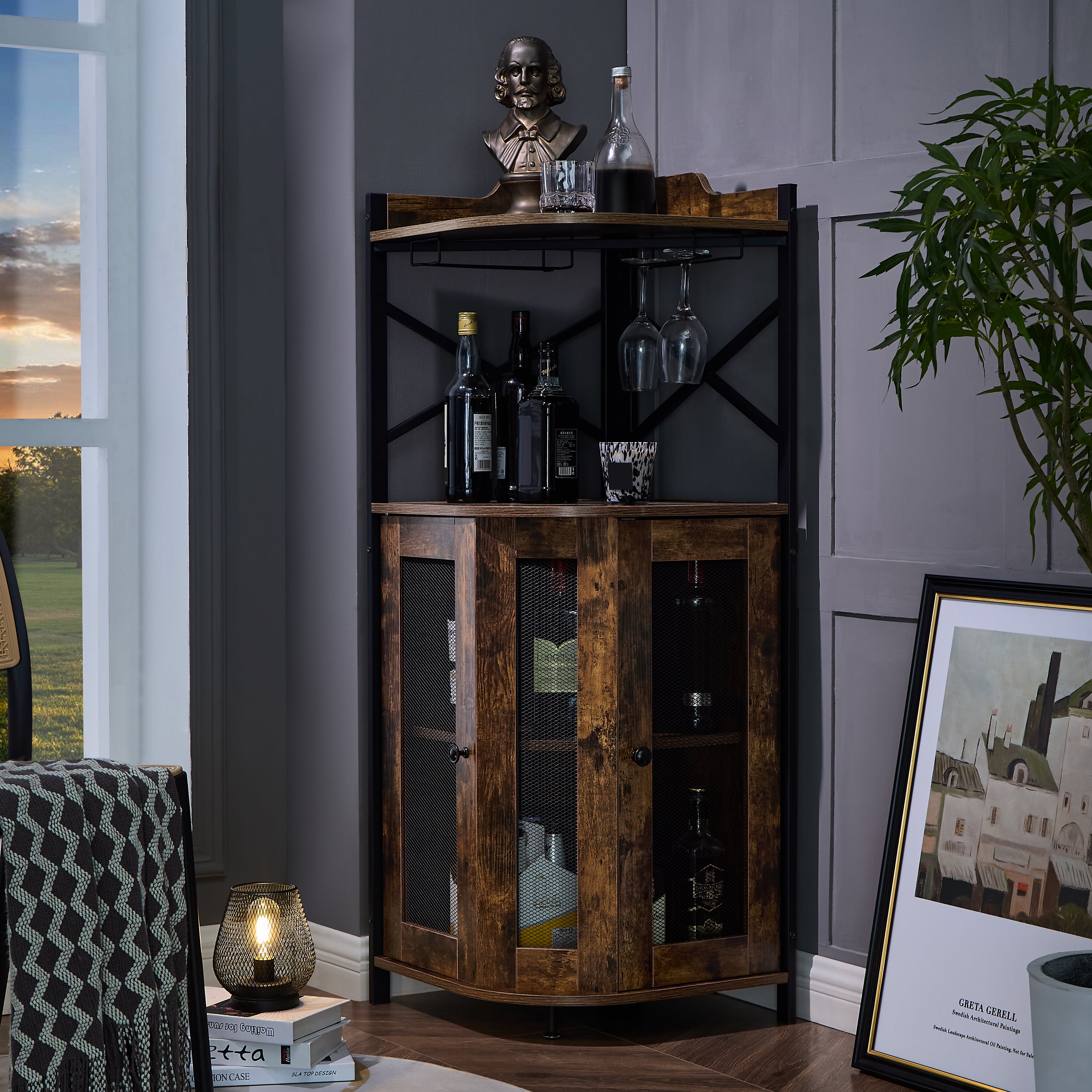 Gabinete de Bar Esquinero con Soporte para Copas, Mueble Mini Cantina para Licores y Bebidas