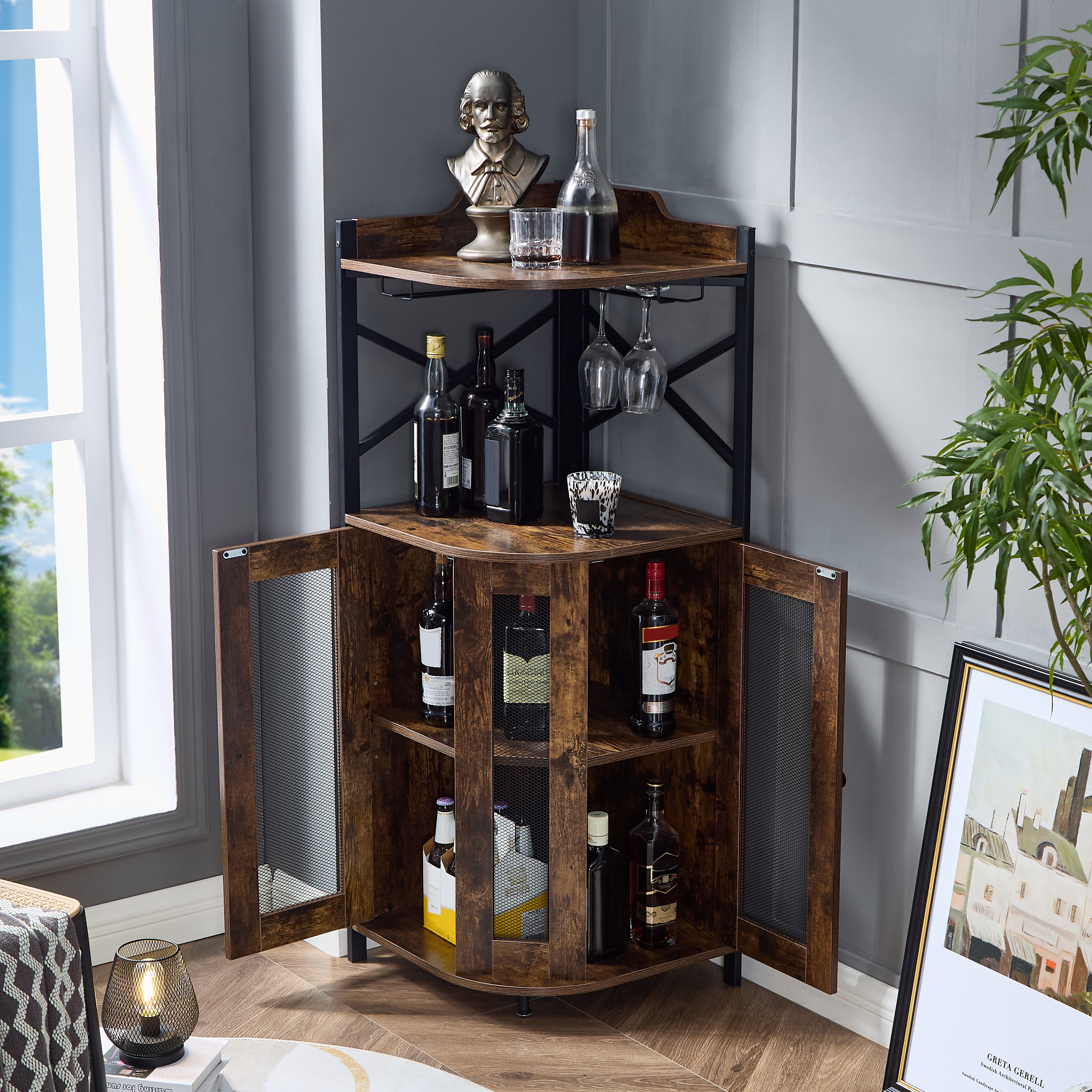 Gabinete de Bar Esquinero con Soporte para Copas, Mueble Mini Cantina para Licores y Bebidas