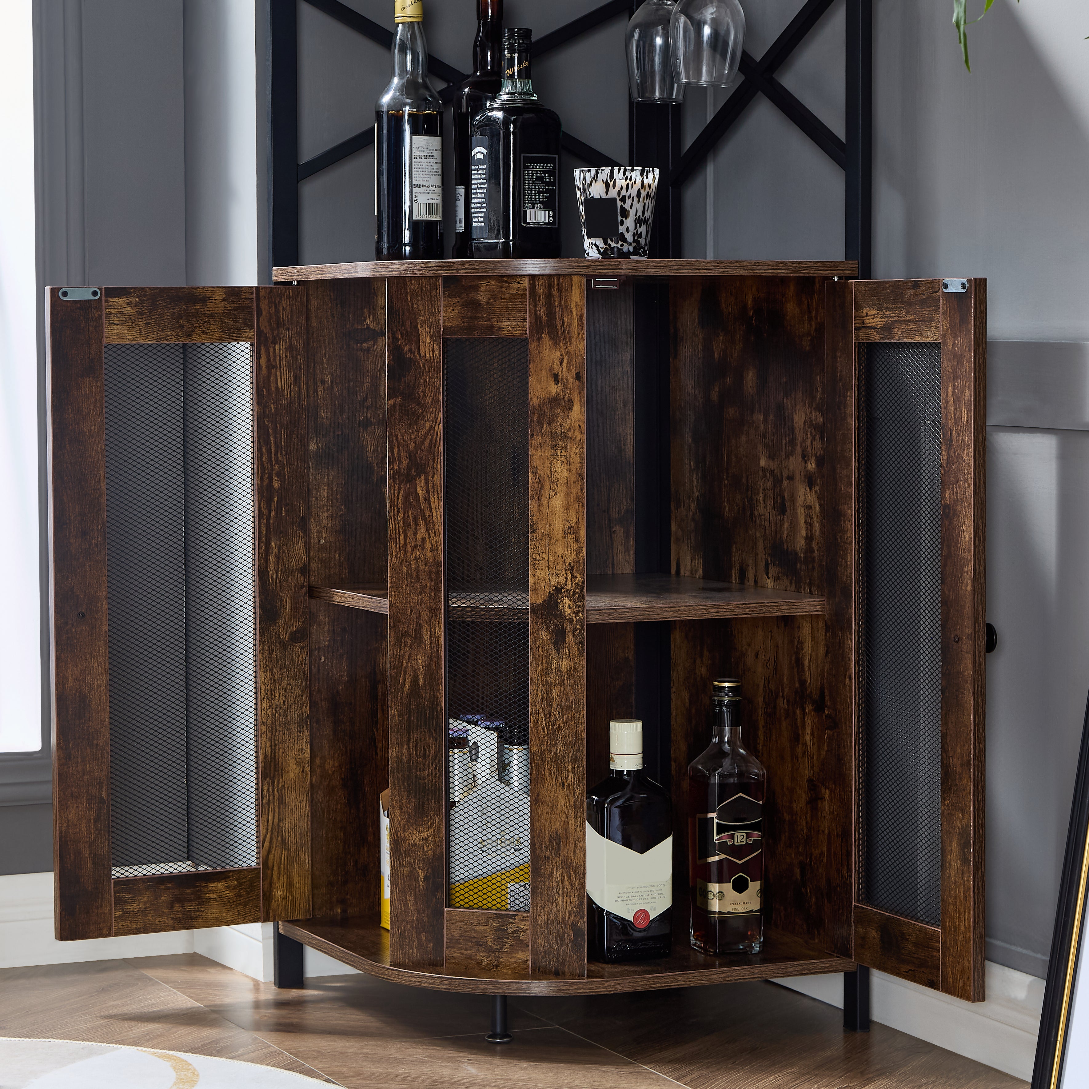 Gabinete de Bar Esquinero con Soporte para Copas, Mueble Mini Cantina para Licores y Bebidas
