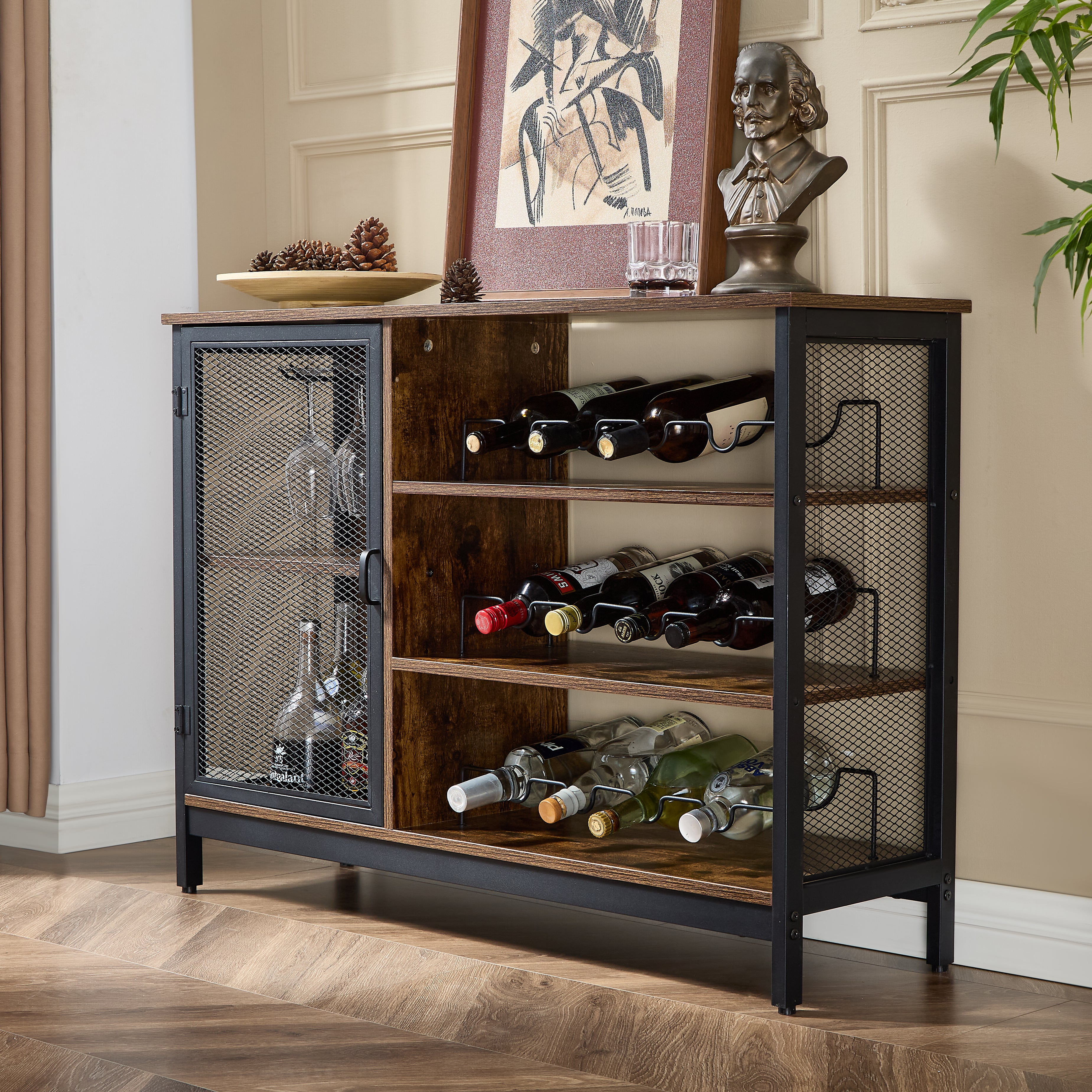 Gabinete de Bar de con Soporte para Copas y Portabotella, Estantes Bufets de Cocina, Mueble Mini Cantina para Vino y Licores