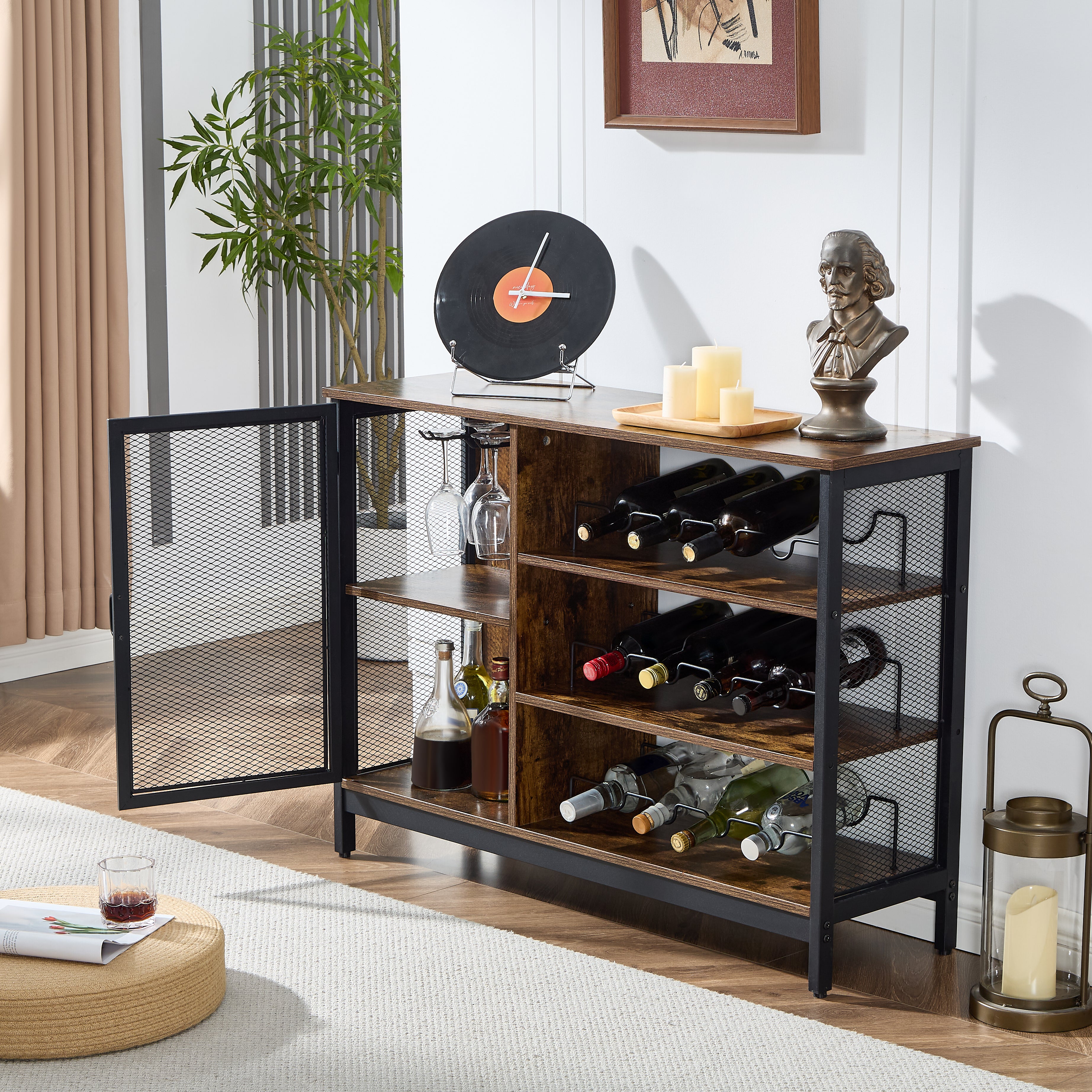 Gabinete de Bar de con Soporte para Copas y Portabotella, Estantes Bufets de Cocina, Mueble Mini Cantina para Vino y Licores