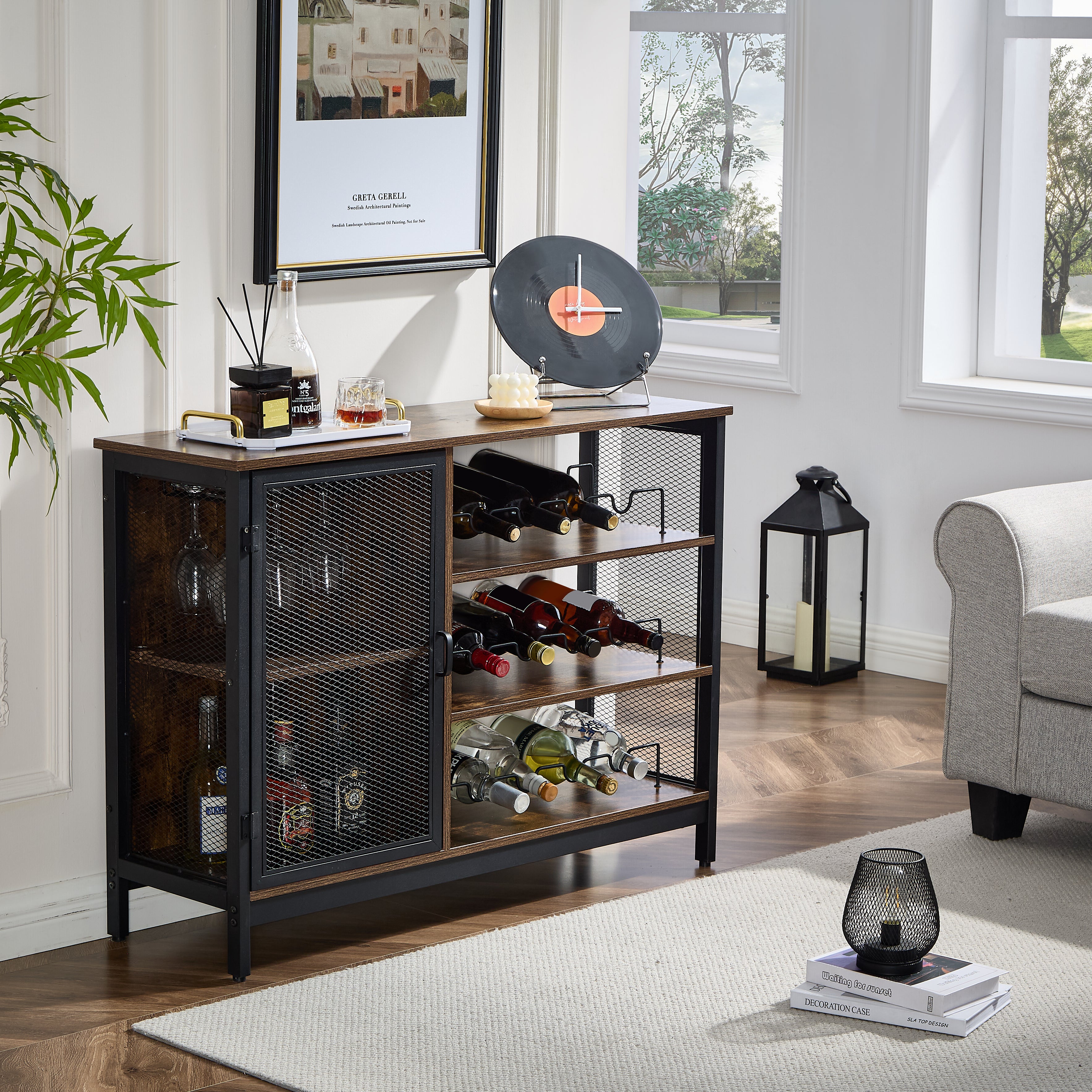 Gabinete de Bar de con Soporte para Copas y Portabotella, Estantes Bufets de Cocina, Mueble Mini Cantina para Vino y Licores