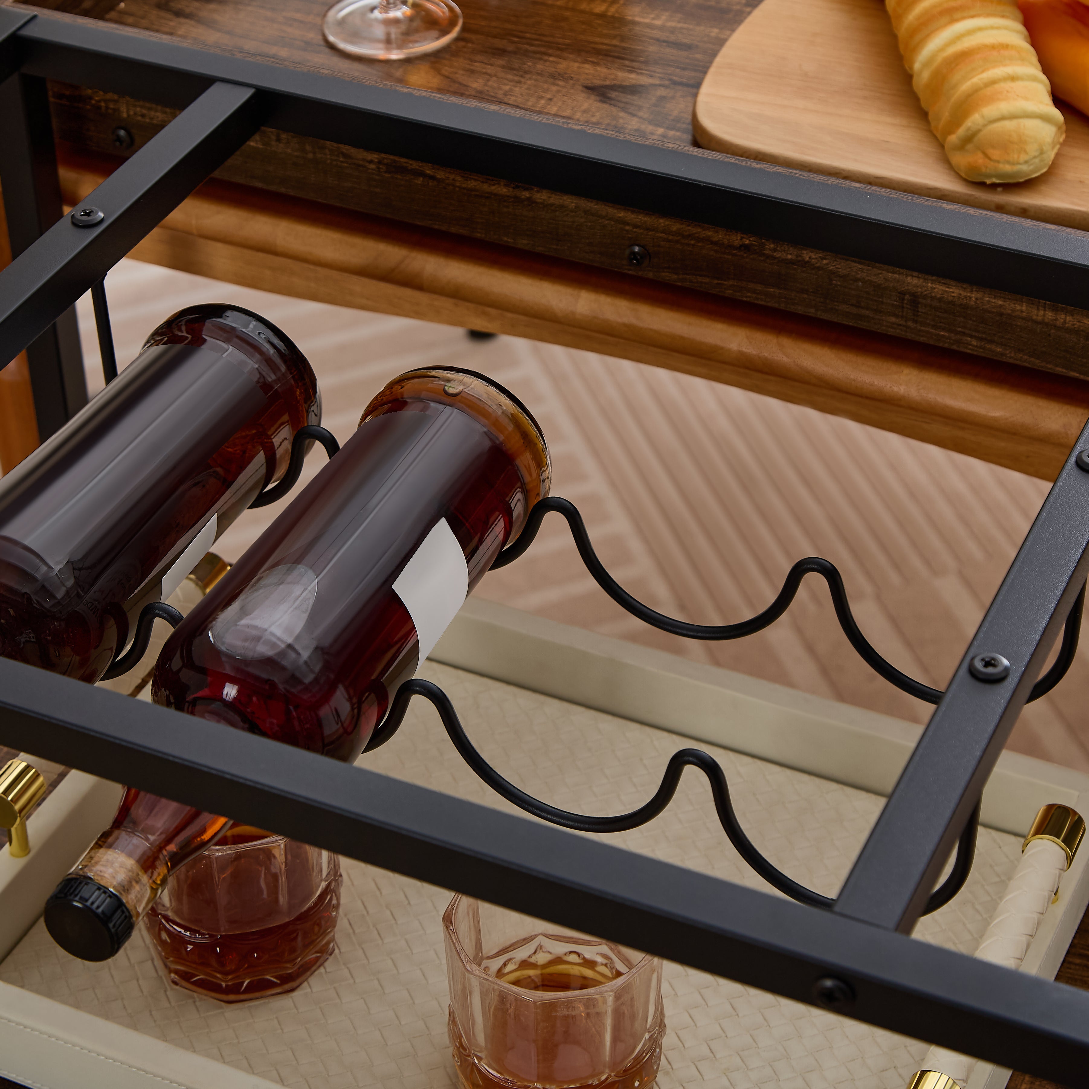 Carrito de Bar de 3 Niveles con Ruedas, Bandeja Extraíble y Soporte para Copas – MDF Marrón Rústico