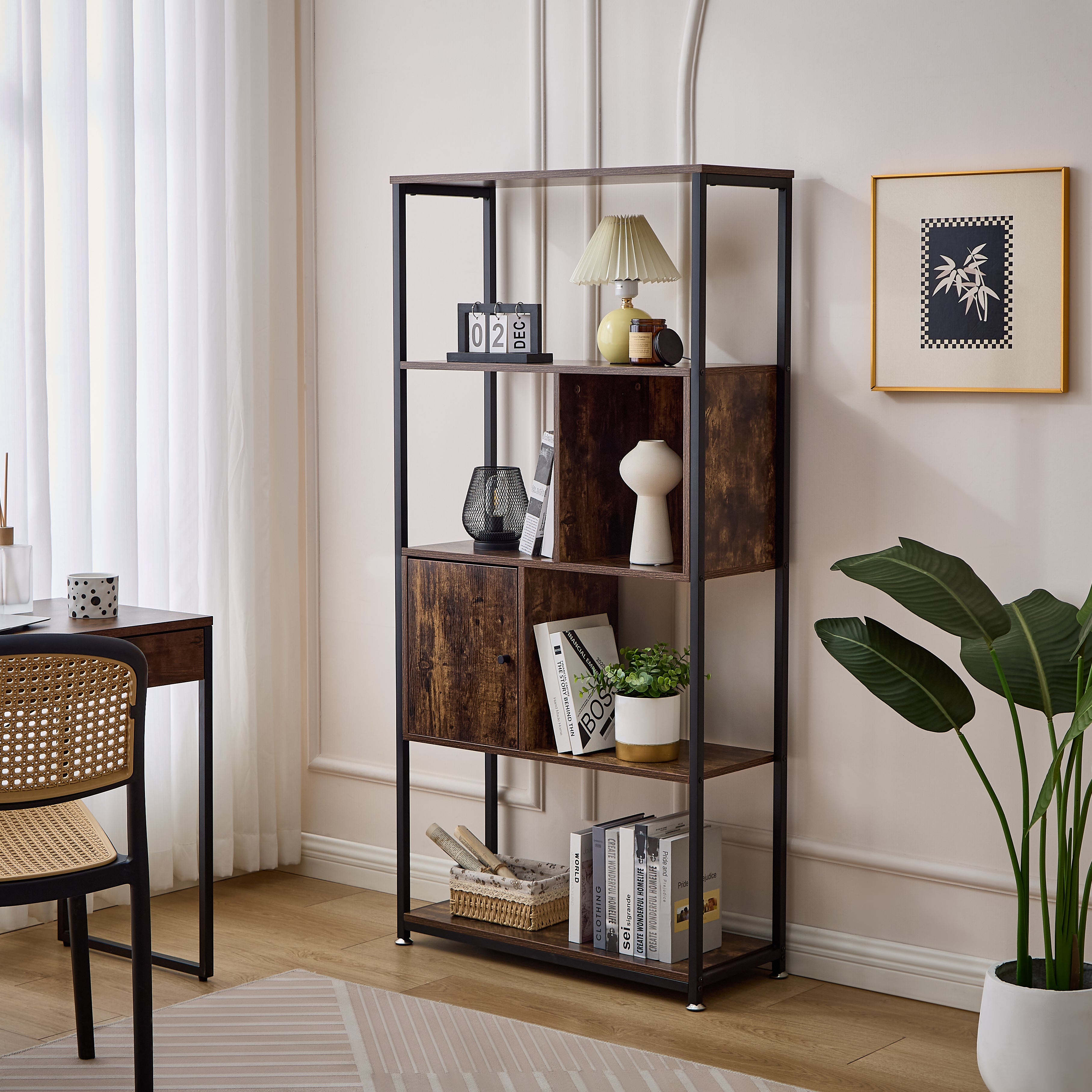 Estantería de MDF Marrón Vintage con Gabinete – Librero Multiuso Decorativo para Espacios Modernos