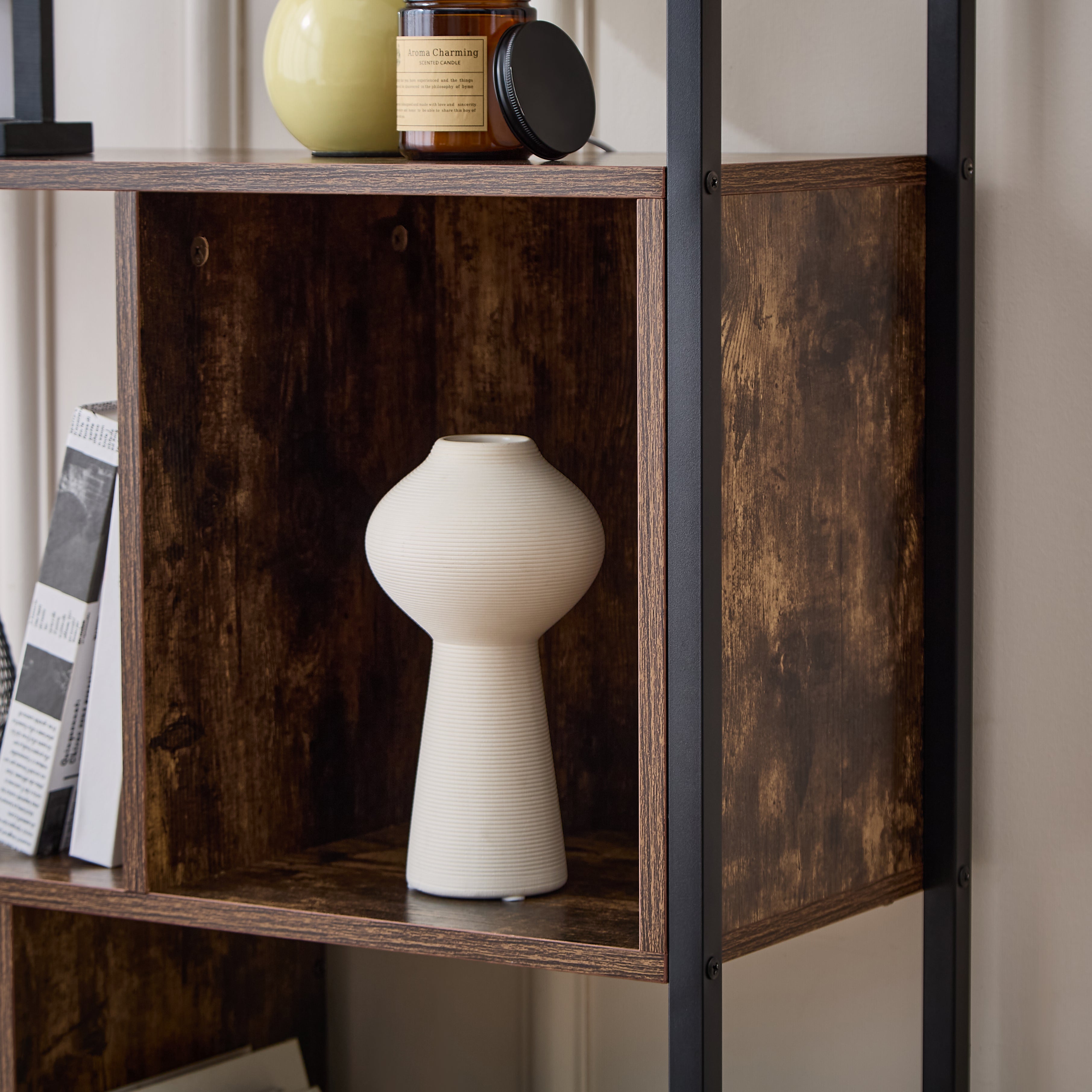 Estantería de MDF Marrón Vintage con Gabinete – Librero Multiuso Decorativo para Espacios Modernos