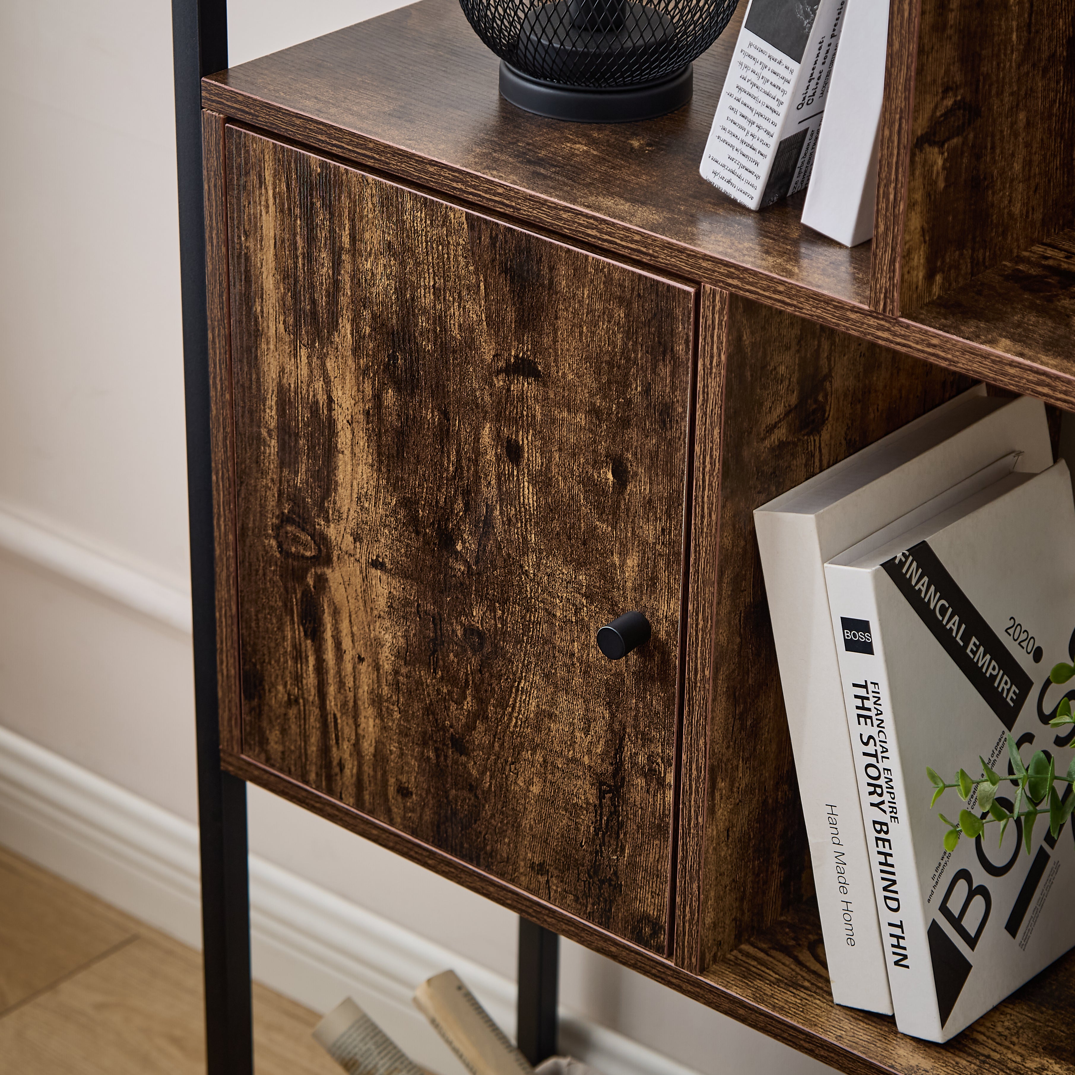 Estantería de MDF Marrón Vintage con Gabinete – Librero Multiuso Decorativo para Espacios Modernos