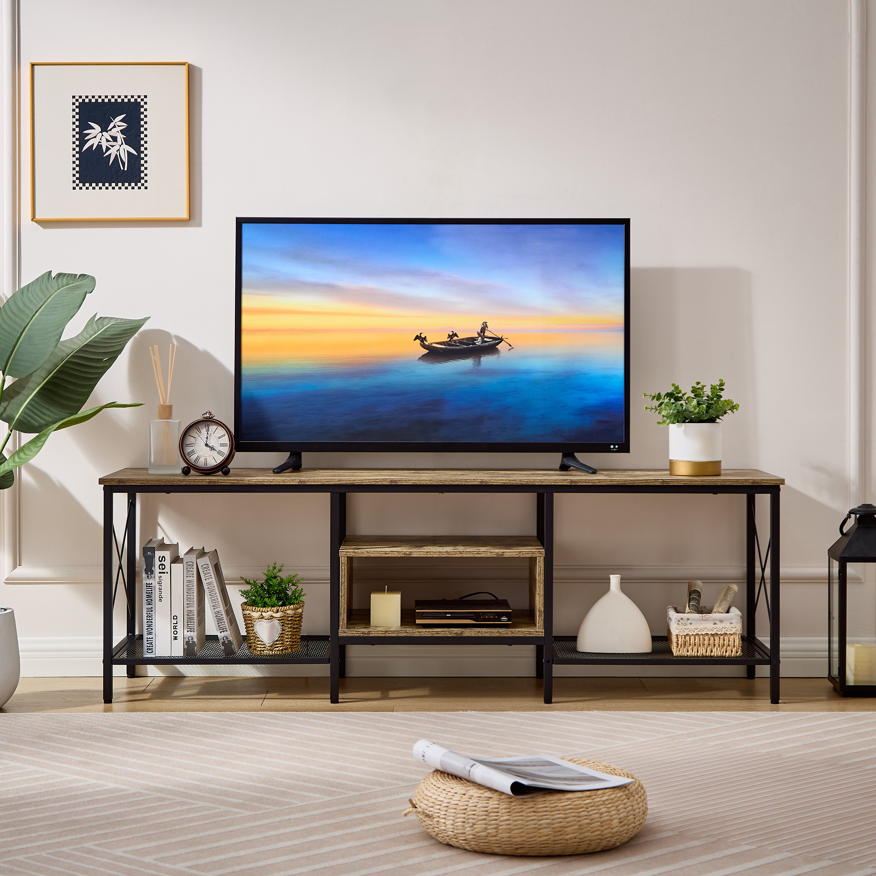 Centro de Entretenimiento 160 cm – Mueble para TV Moderno con Estantes en Color Gris Wash