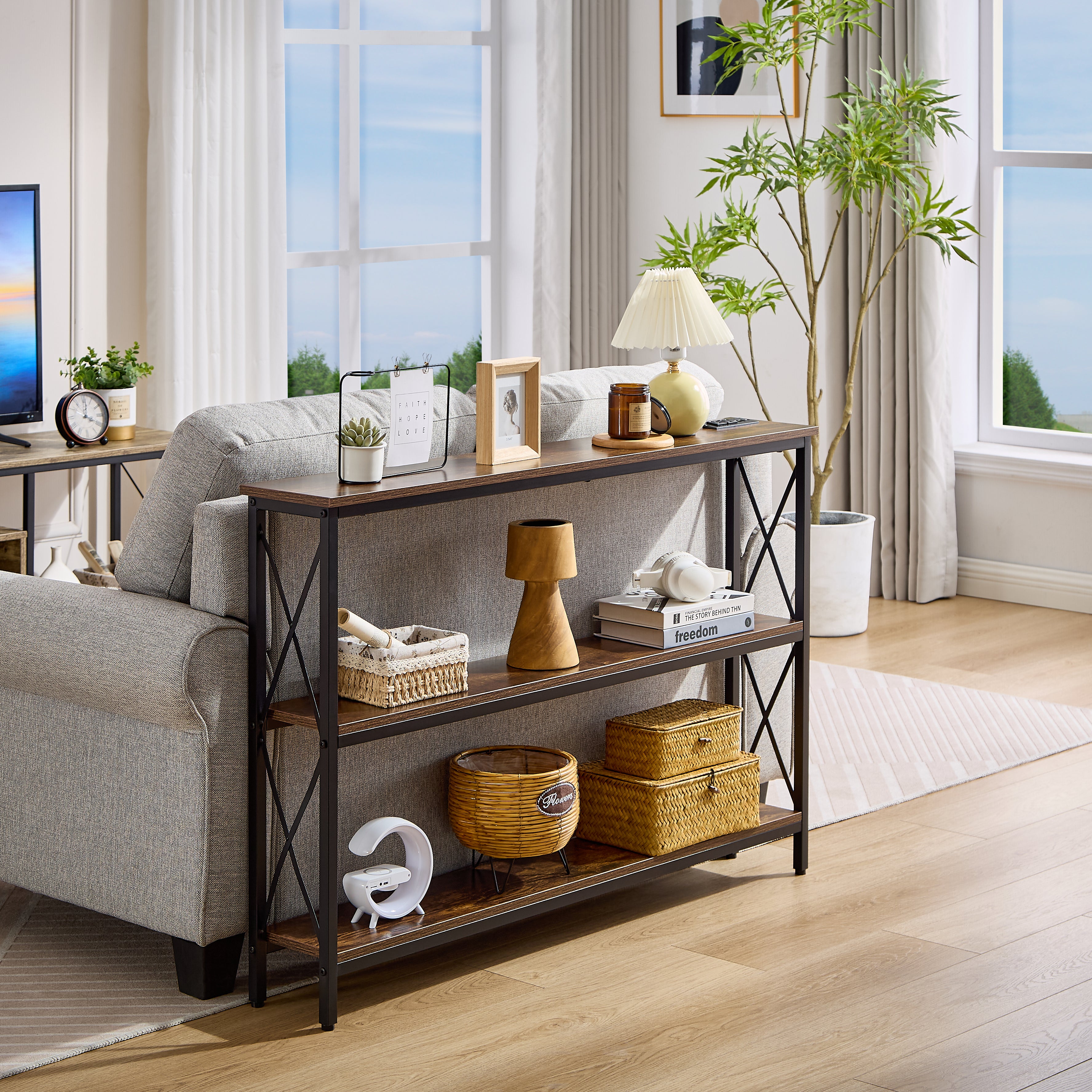 Mesa Consola 120 cm Estrecha de 3 Niveles – Con Regleta Eléctrica y Diseño Atigrado Moderno