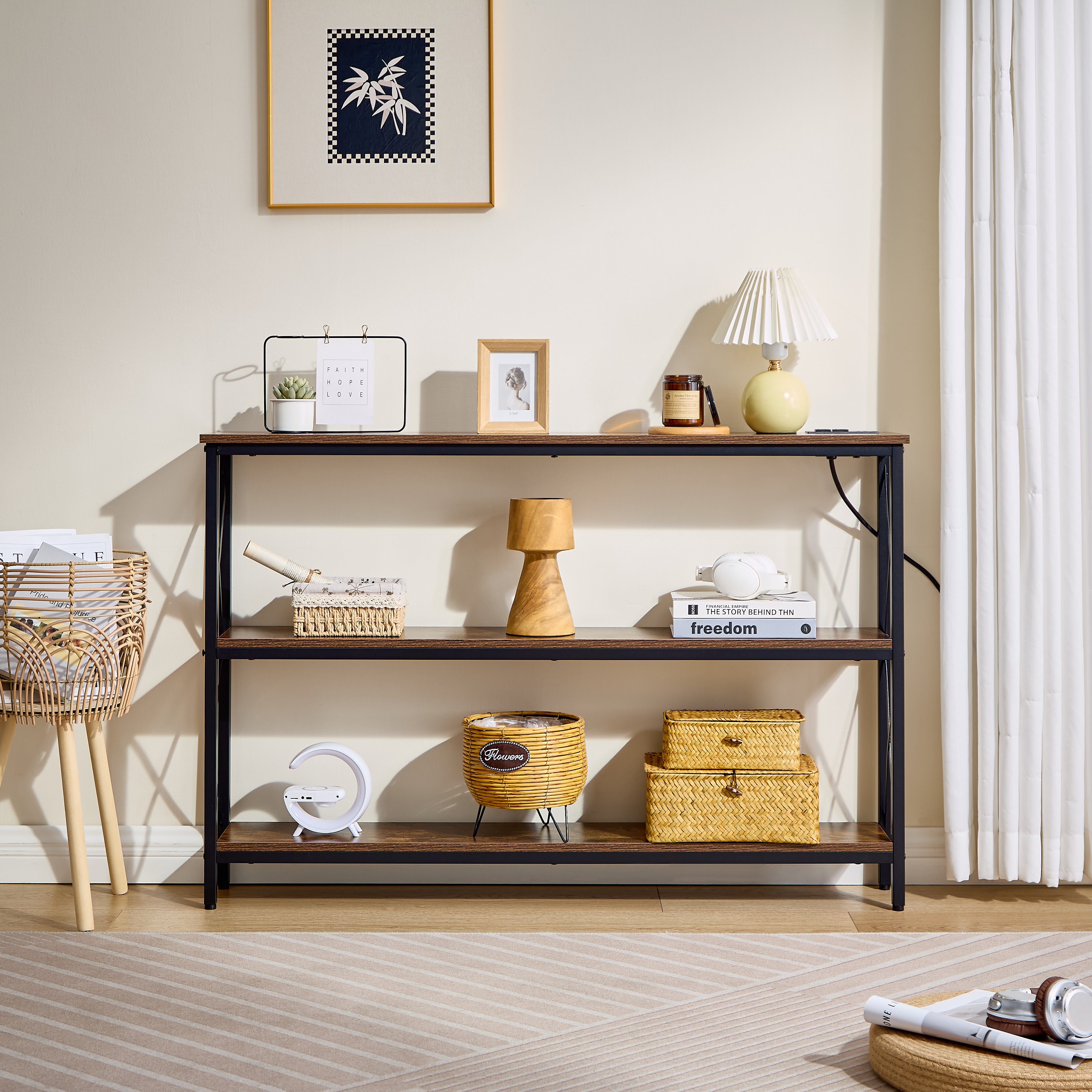 Mesa Consola 120 cm Estrecha de 3 Niveles – Con Regleta Eléctrica y Diseño Atigrado Moderno