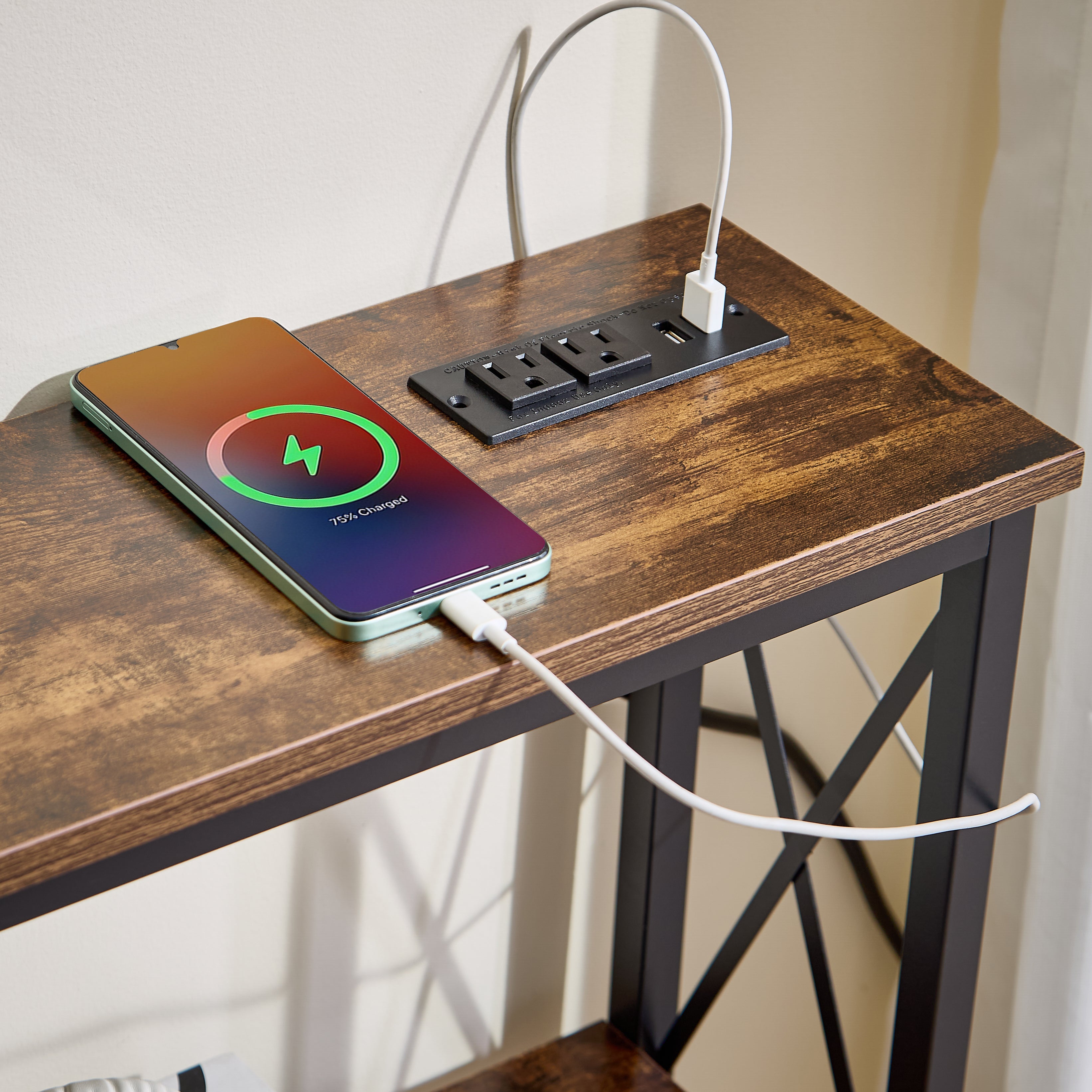 Mesa Consola 120 cm Estrecha de 3 Niveles – Con Regleta Eléctrica y Diseño Atigrado Moderno