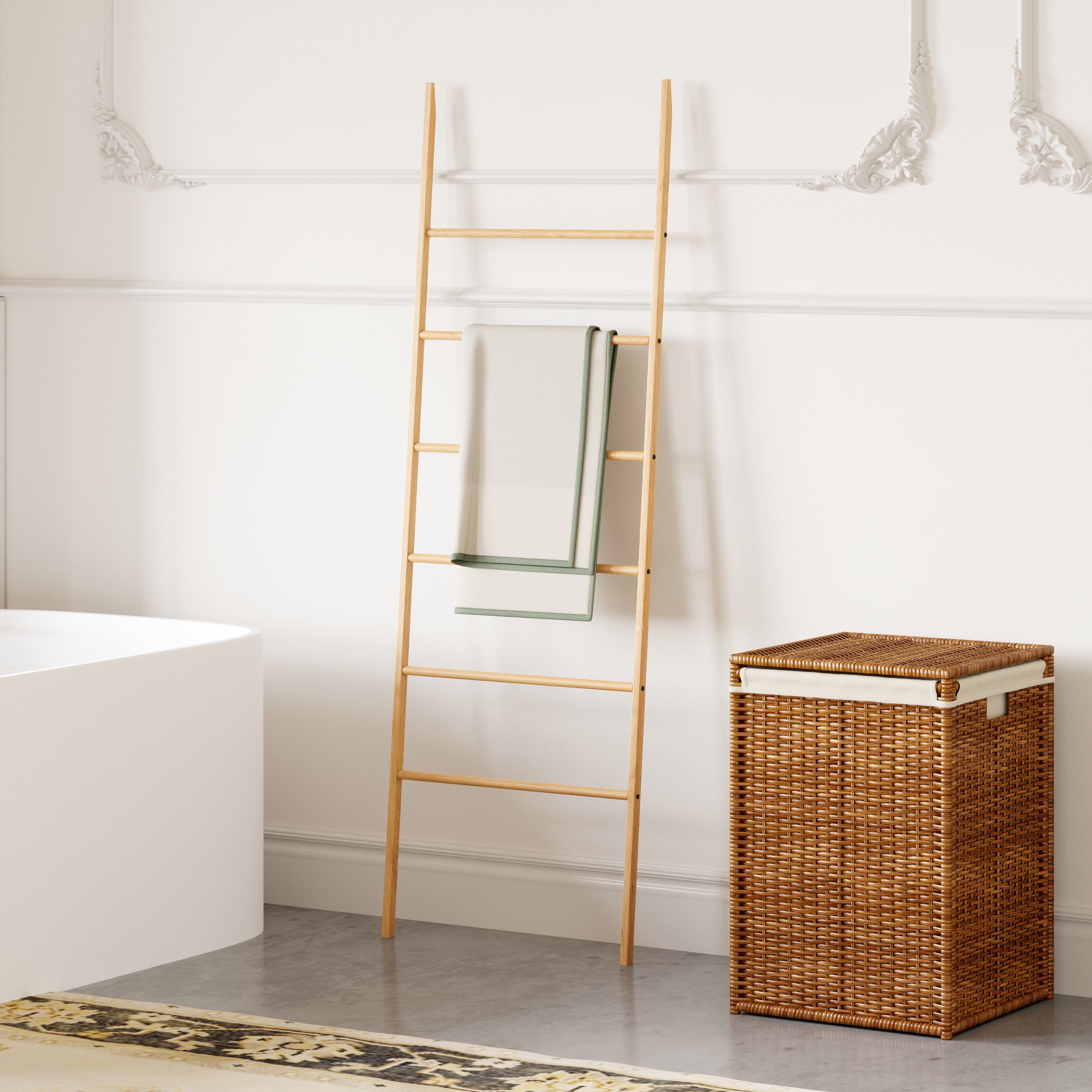 Repisas de Escalera Decorativa de Bambú para Ropa, Toallas y Mantas, Estante Organizador de 6 Niveles Multifuncional para Baño, Sala y Dormitorio (Natural, 6 Niveles)