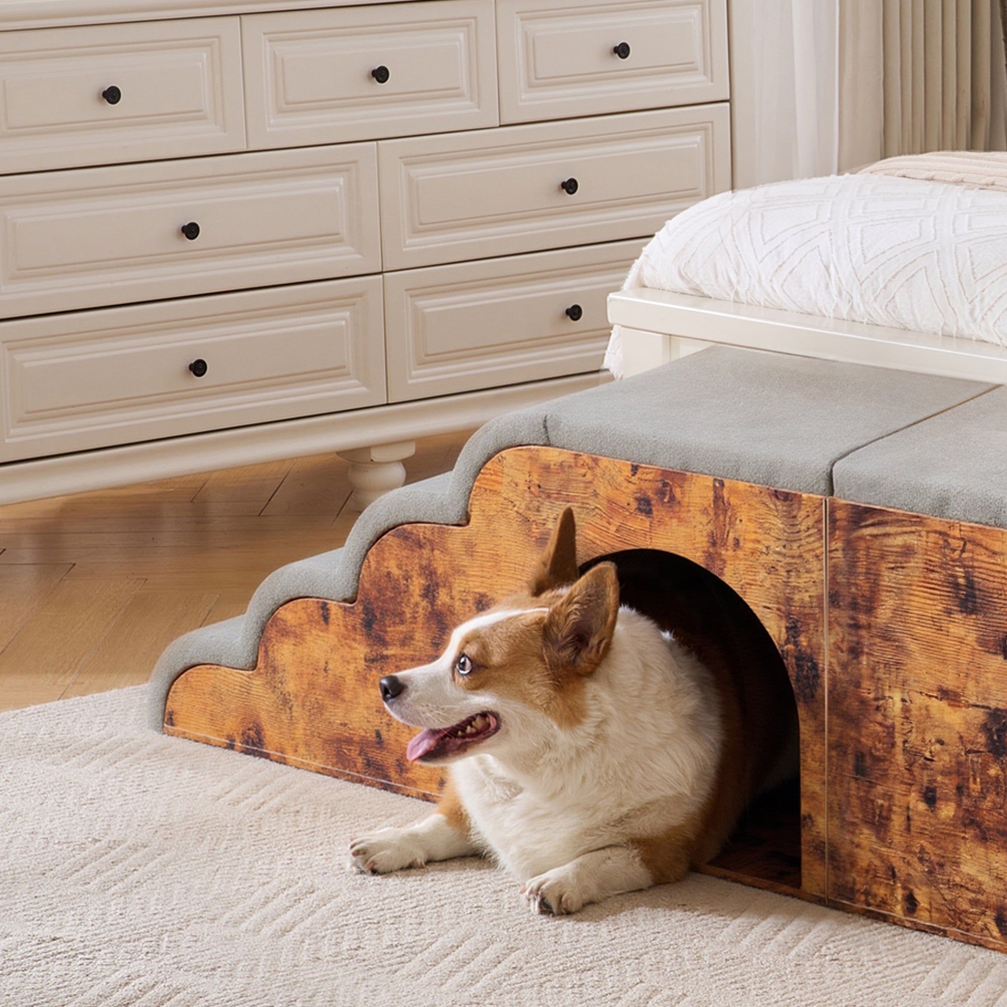 Escalera para Perros con Casa y Funda Desmontable Lavable, Diseño Ergonómica y Relleno de Espuma de Alta Densidad