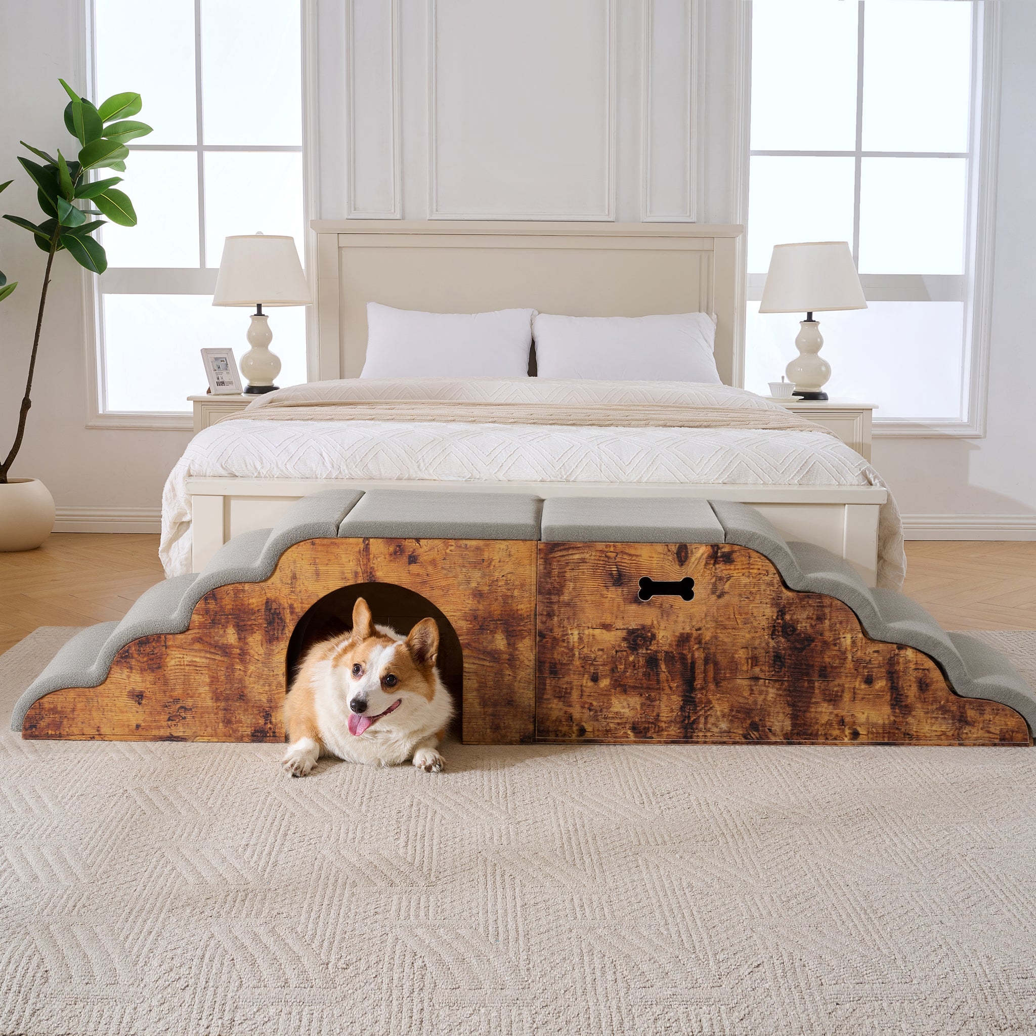 Escalera para Perros con Casa y Funda Desmontable Lavable, Diseño Ergonómica y Relleno de Espuma de Alta Densidad