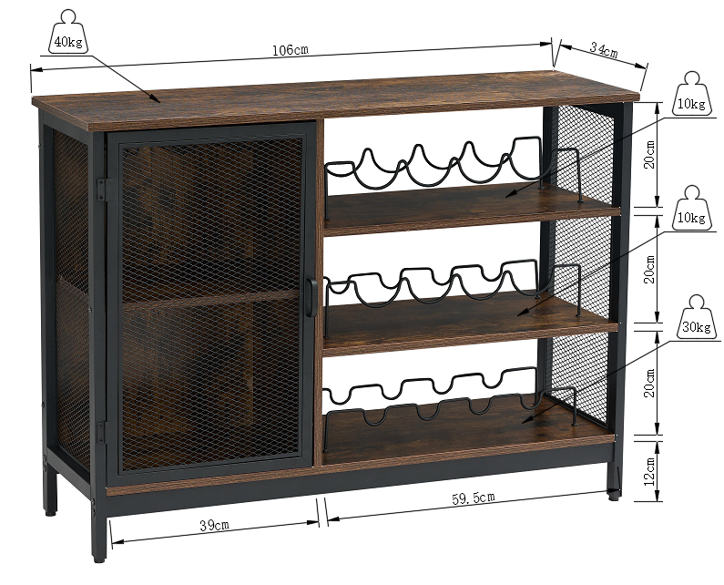 Gabinete de Bar de con Soporte para Copas y Portabotella, Estantes Bufets de Cocina, Mueble Mini Cantina para Vino y Licores
