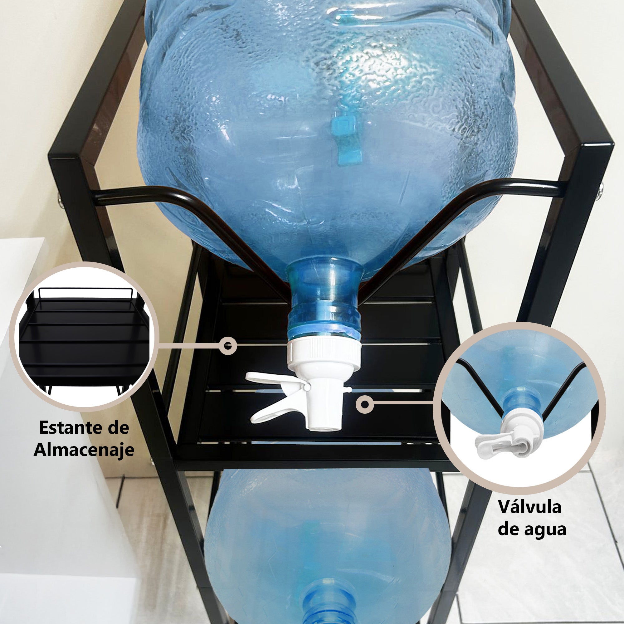 Estante para 3 Garrafones con Repisa y 2 Dispensadores – Ahorra Espacio en Cocina o Oficina