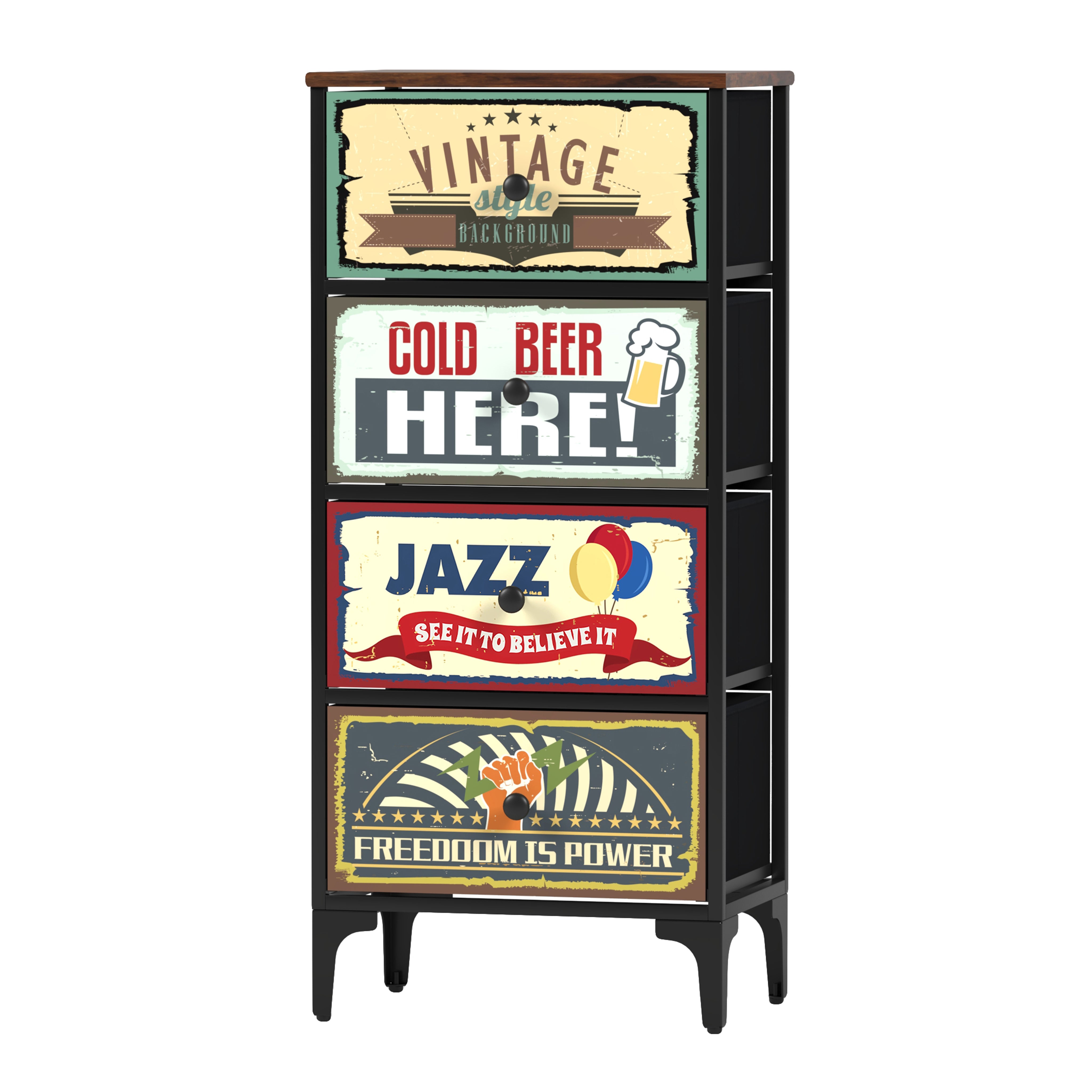 Cómoda Estilo Industrial Vintage – Cajonera de Tela con Estructura Metálica y Tapa MDF para Hogar u Oficina