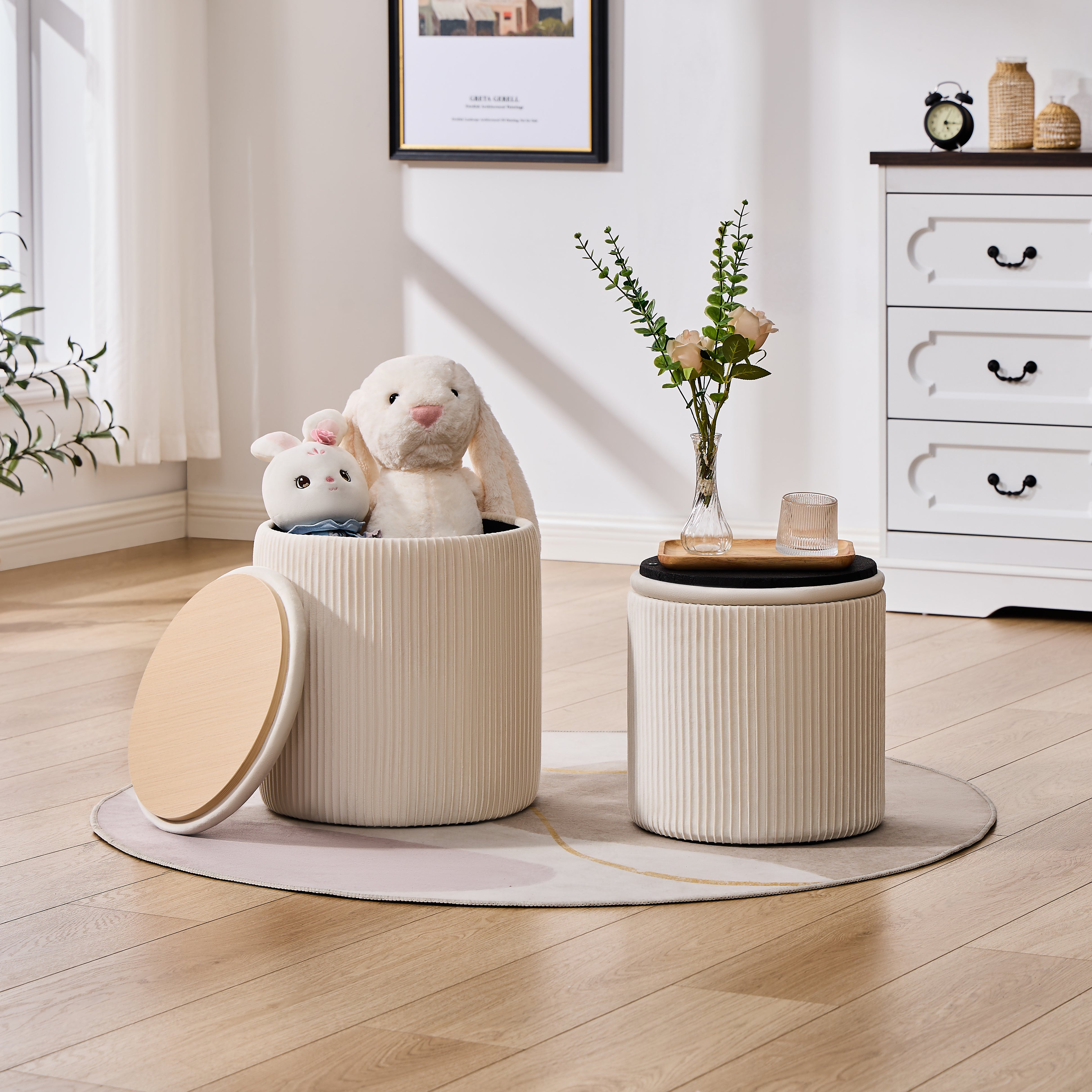 Set de 2 Taburetes Otomanos de Terciopelo con Almacenamiento, Banco Tapizado Decorativo