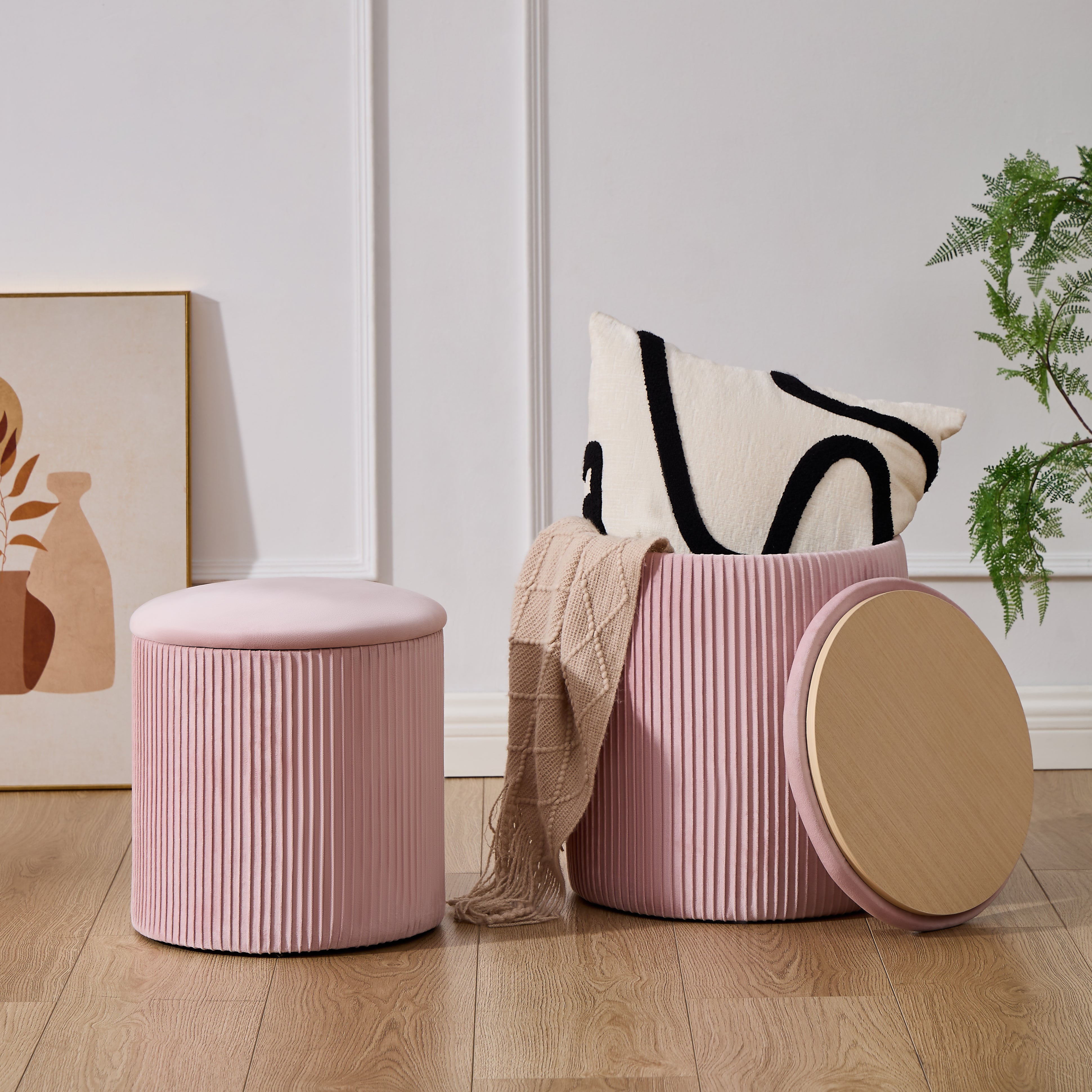 Set de 2 Taburetes Otomanos de Terciopelo con Almacenamiento, Banco Tapizado Decorativo