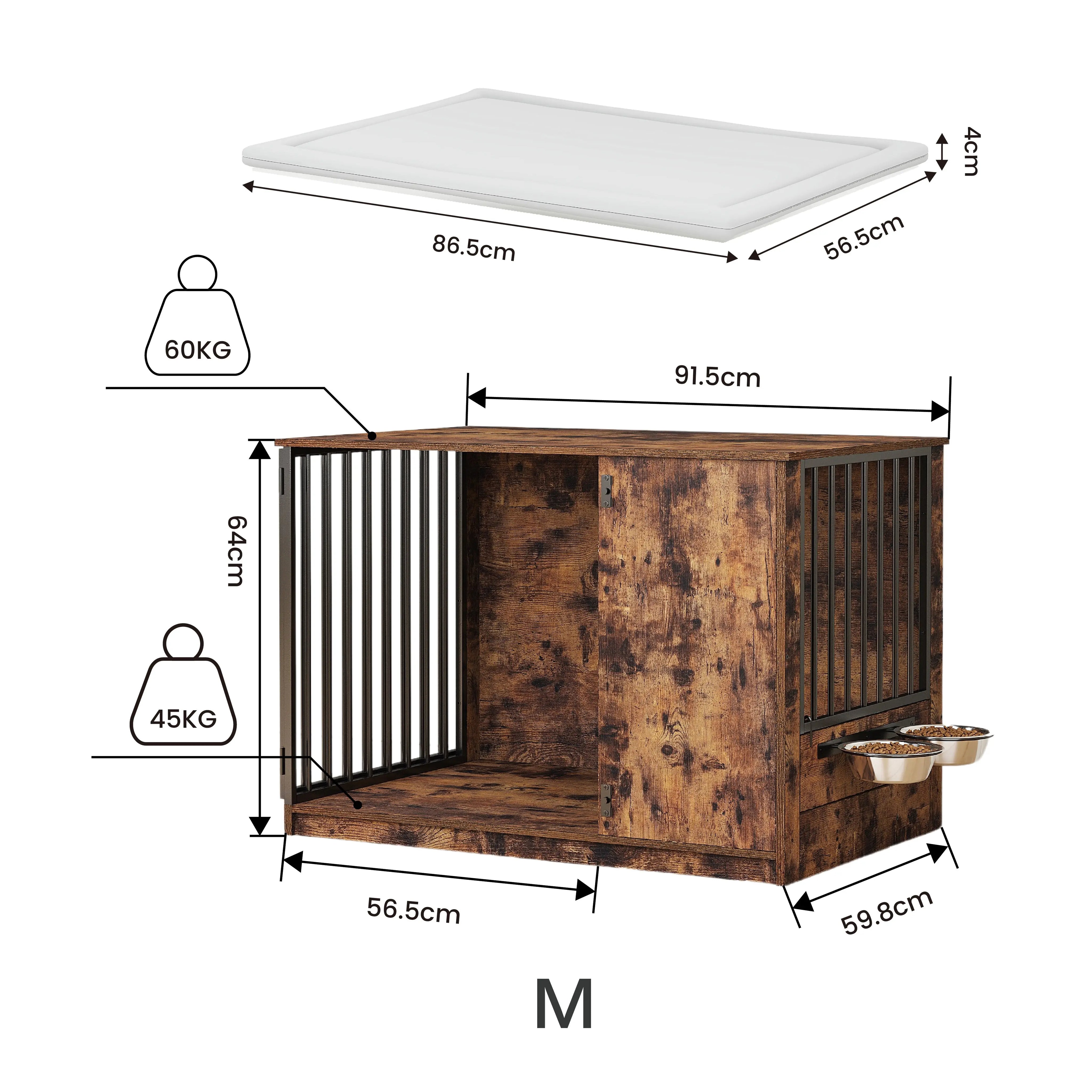 Mueble Jaula para Perros con Puerta de Rotación 270°, 2 Tazones Giratorios 360° y Cojín Doble Cara, Casa de Perro de Alta Resistencia para Uso Interior (Atigrado) MU:4LIFE