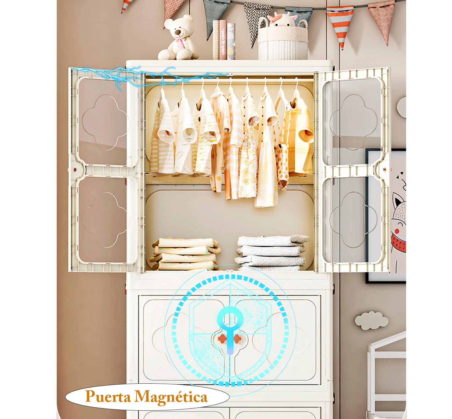 Clóset Plegable con Puertas, Ruedas y Varillas Colgantes, Armario Apilable de Plástico para Ropa