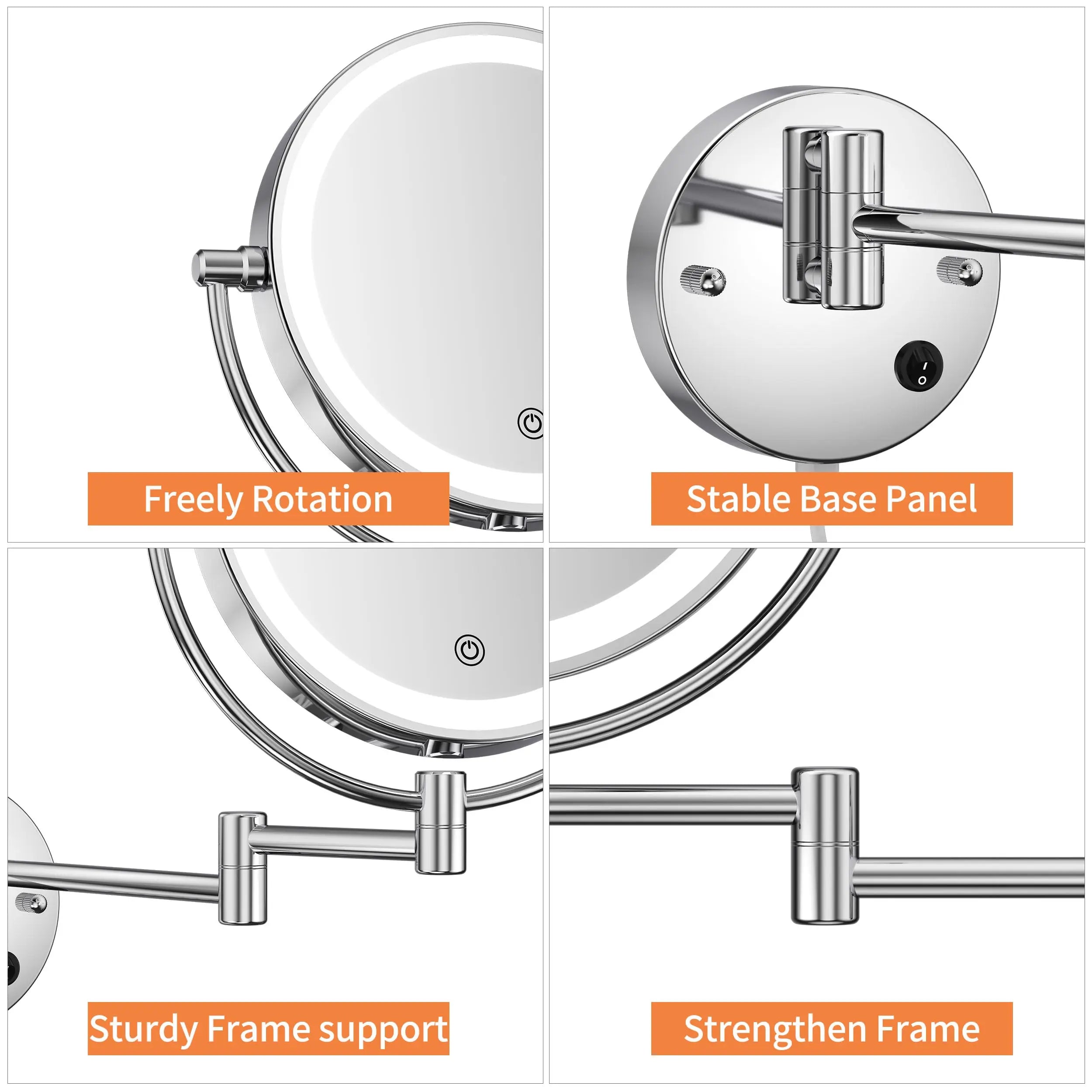 Maquillali Espejo para Baño Redondo de Maquillaje Montado en la Pared con Brazo Extensible, Doble Cara 1X/5X Aumento, Led de 3 Colores Y Ajustable En Brillo, Rotación 360°, Alimentado por Enchufe MU:4LIFE MX