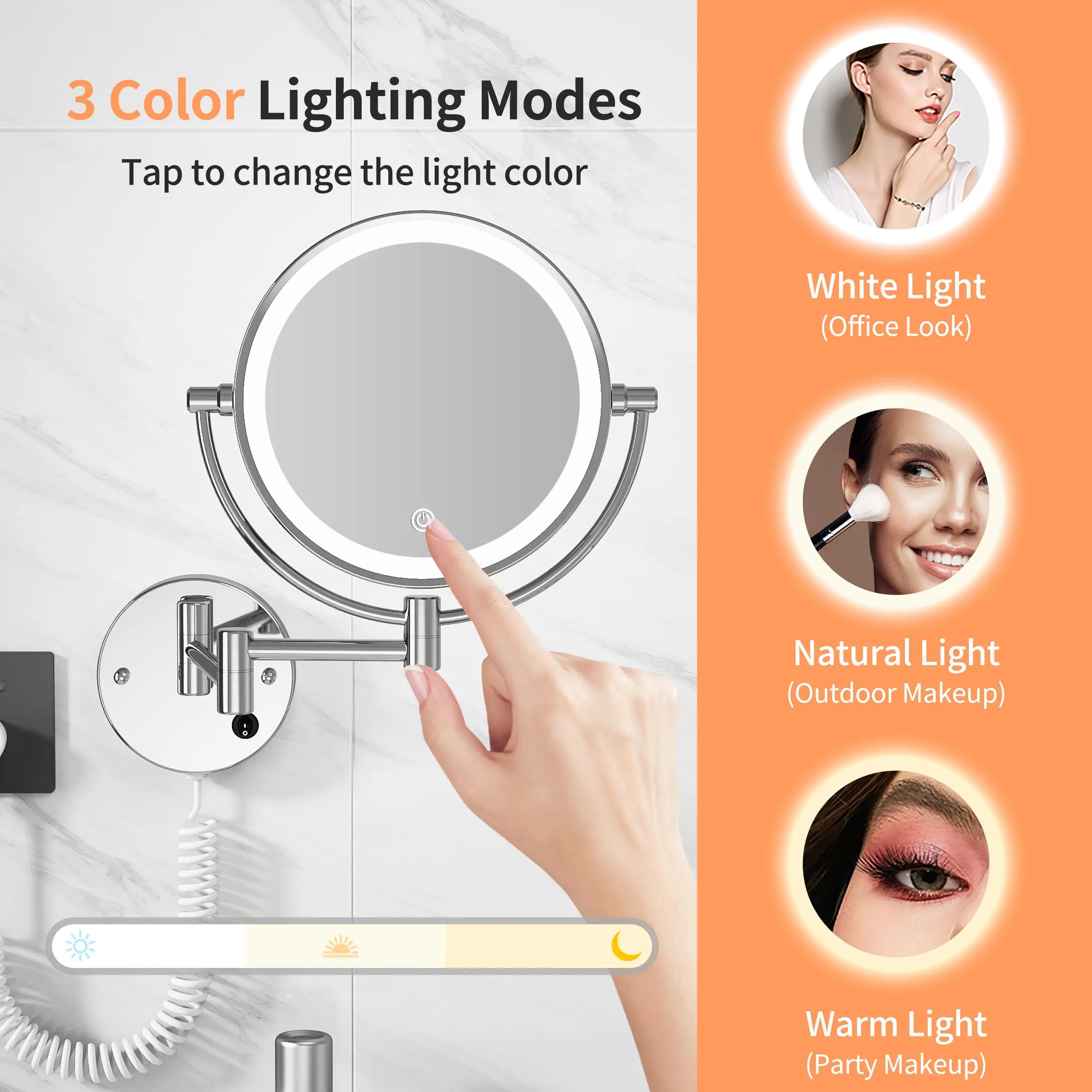 Maquillali Espejo para Baño Redondo de Maquillaje Montado en la Pared con Brazo Extensible, Doble Cara 1X/5X Aumento, Led de 3 Colores Y Ajustable En Brillo, Rotación 360°, Alimentado por Enchufe MU:4LIFE MX