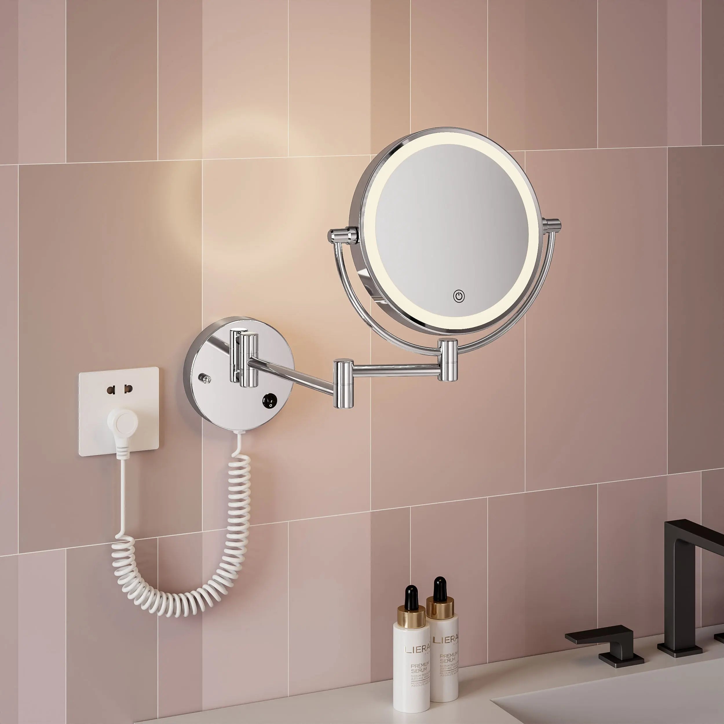 Maquillali Espejo para Baño Redondo de Maquillaje Montado en la Pared con Brazo Extensible, Doble Cara 1X/5X Aumento, Led de 3 Colores Y Ajustable En Brillo, Rotación 360°, Alimentado por Enchufe MU:4LIFE MX