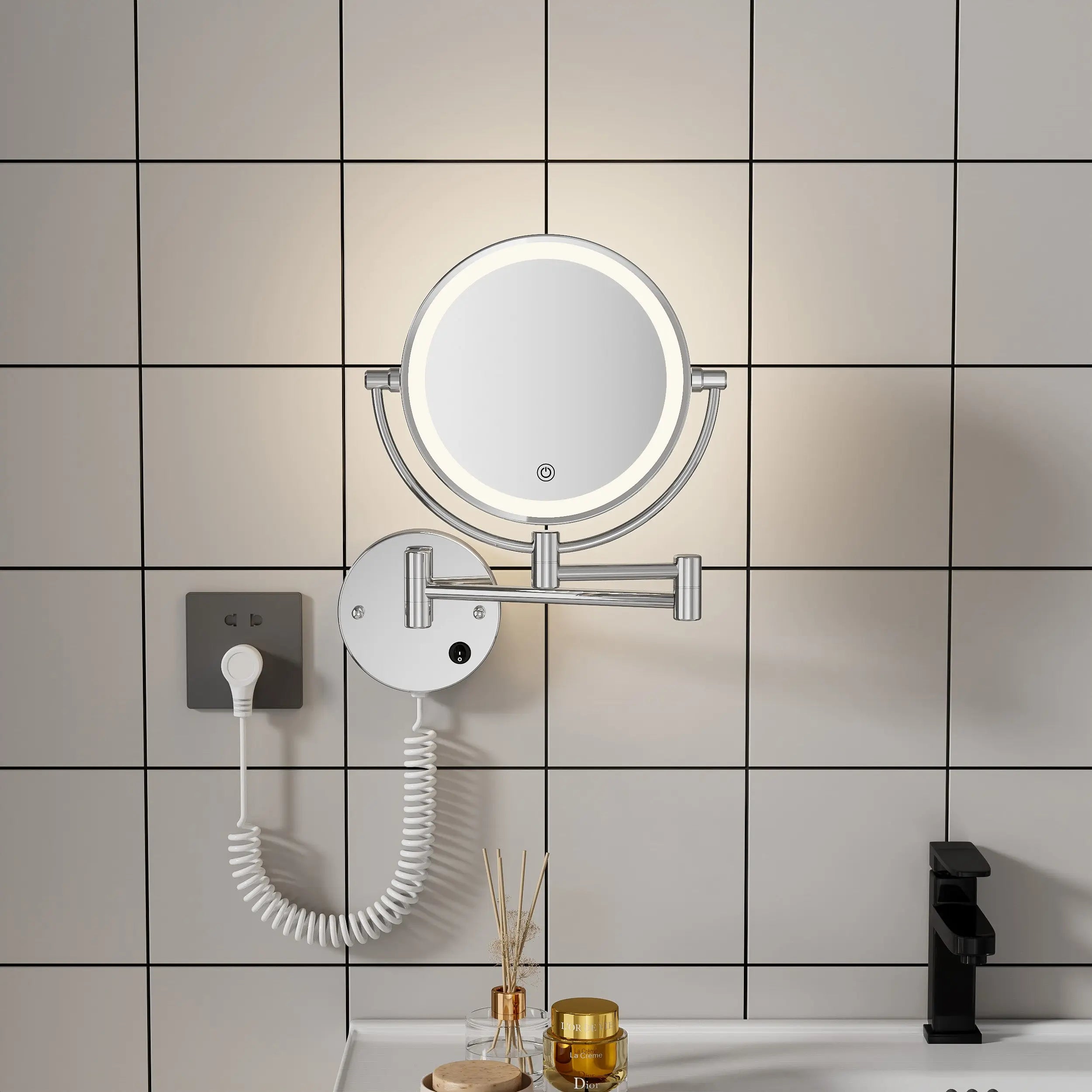 Maquillali Espejo para Baño Redondo de Maquillaje Montado en la Pared con Brazo Extensible, Doble Cara 1X/5X Aumento, Led de 3 Colores Y Ajustable En Brillo, Rotación 360°, Alimentado por Enchufe MU:4LIFE MX