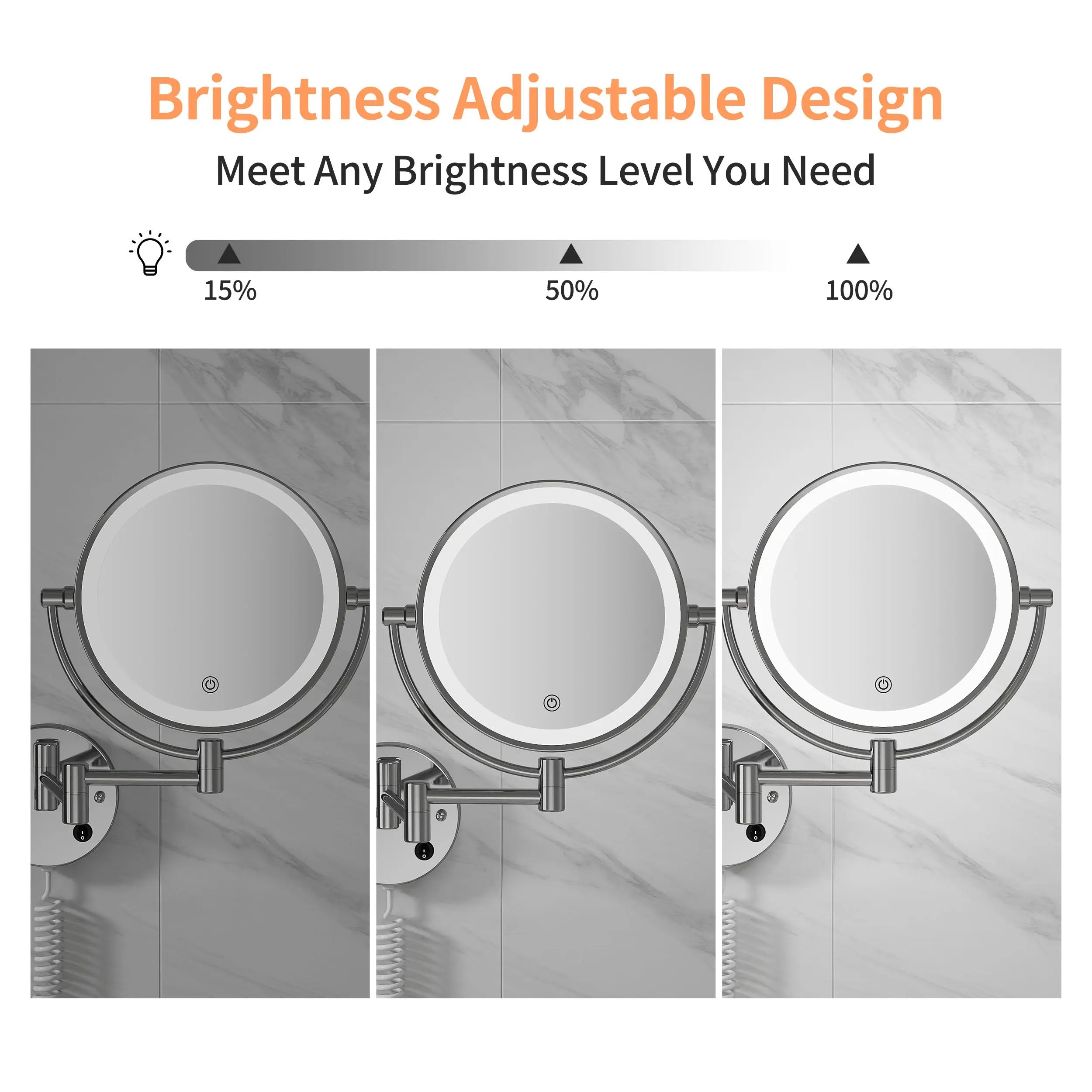 Maquillali Espejo para Baño Redondo de Maquillaje Montado en la Pared con Brazo Extensible, Doble Cara 1X/5X Aumento, Led de 3 Colores Y Ajustable En Brillo, Rotación 360°, Alimentado por Enchufe MU:4LIFE MX