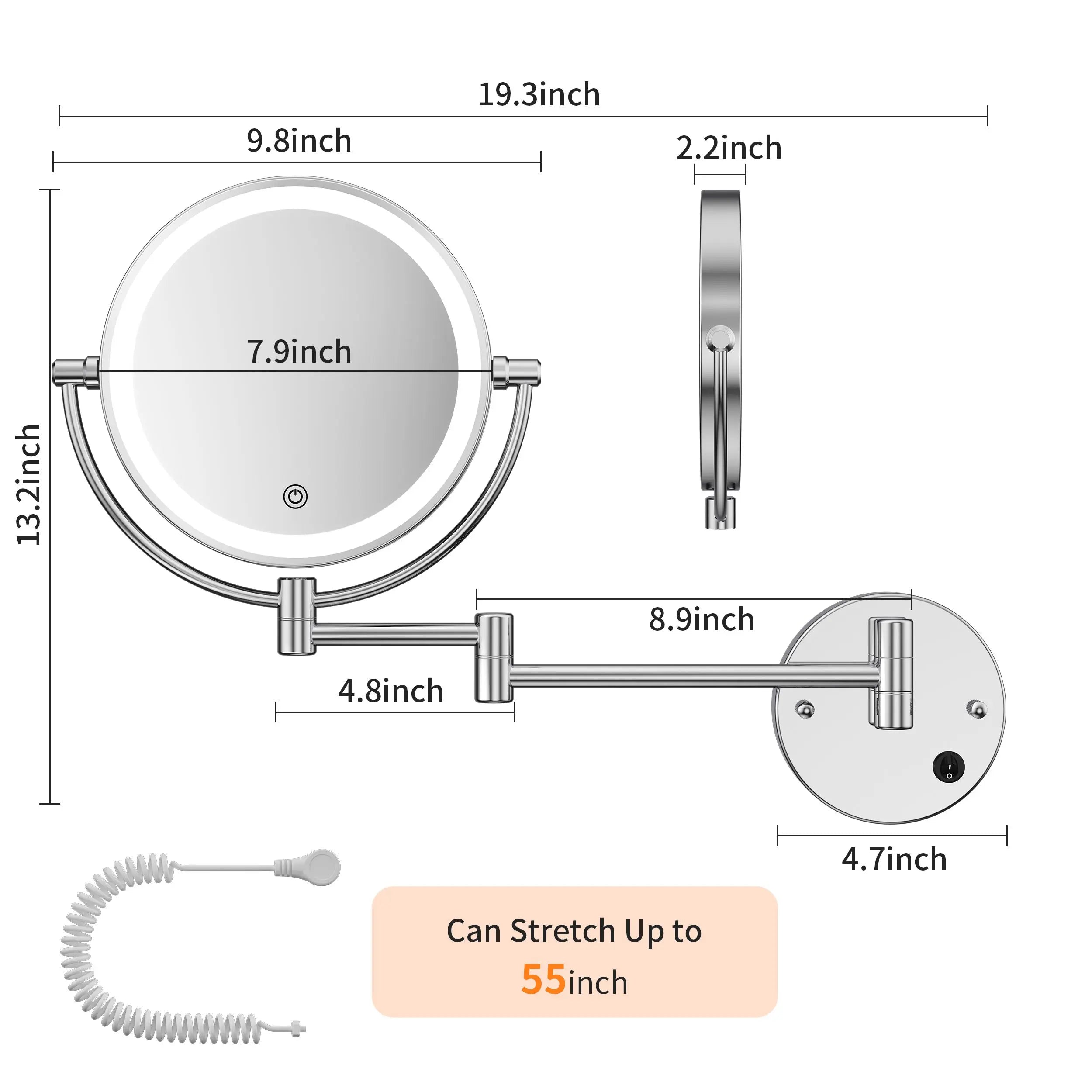 Maquillali Espejo para Baño Redondo de Maquillaje Montado en la Pared con Brazo Extensible, Doble Cara 1X/5X Aumento, Led de 3 Colores Y Ajustable En Brillo, Rotación 360°, Alimentado por Enchufe MU:4LIFE MX