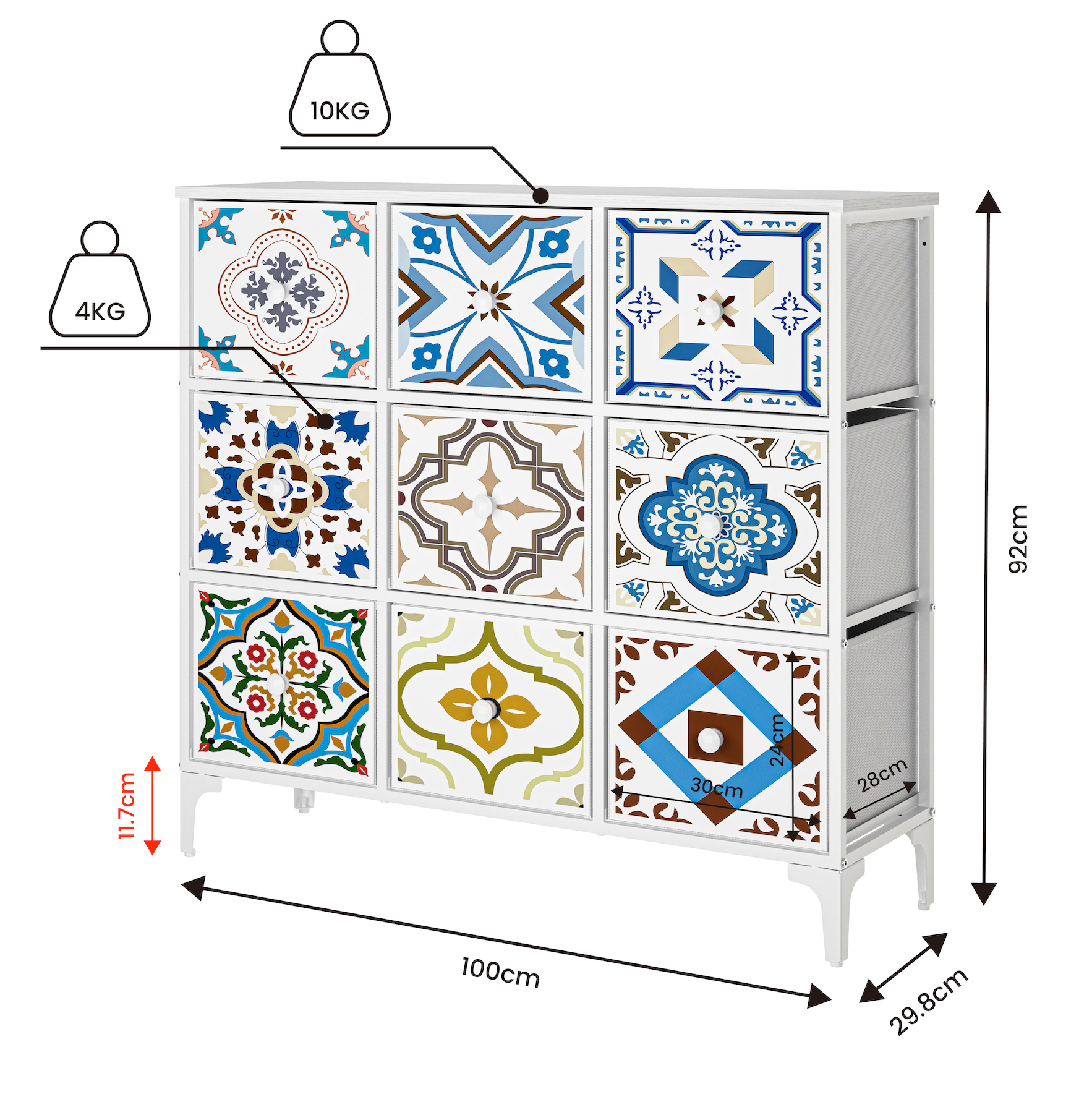 Cómoda De 9 Cajones Organizador Cajonera De Estructura Metal, Tabla MDF y Cajones De Tela Impreso