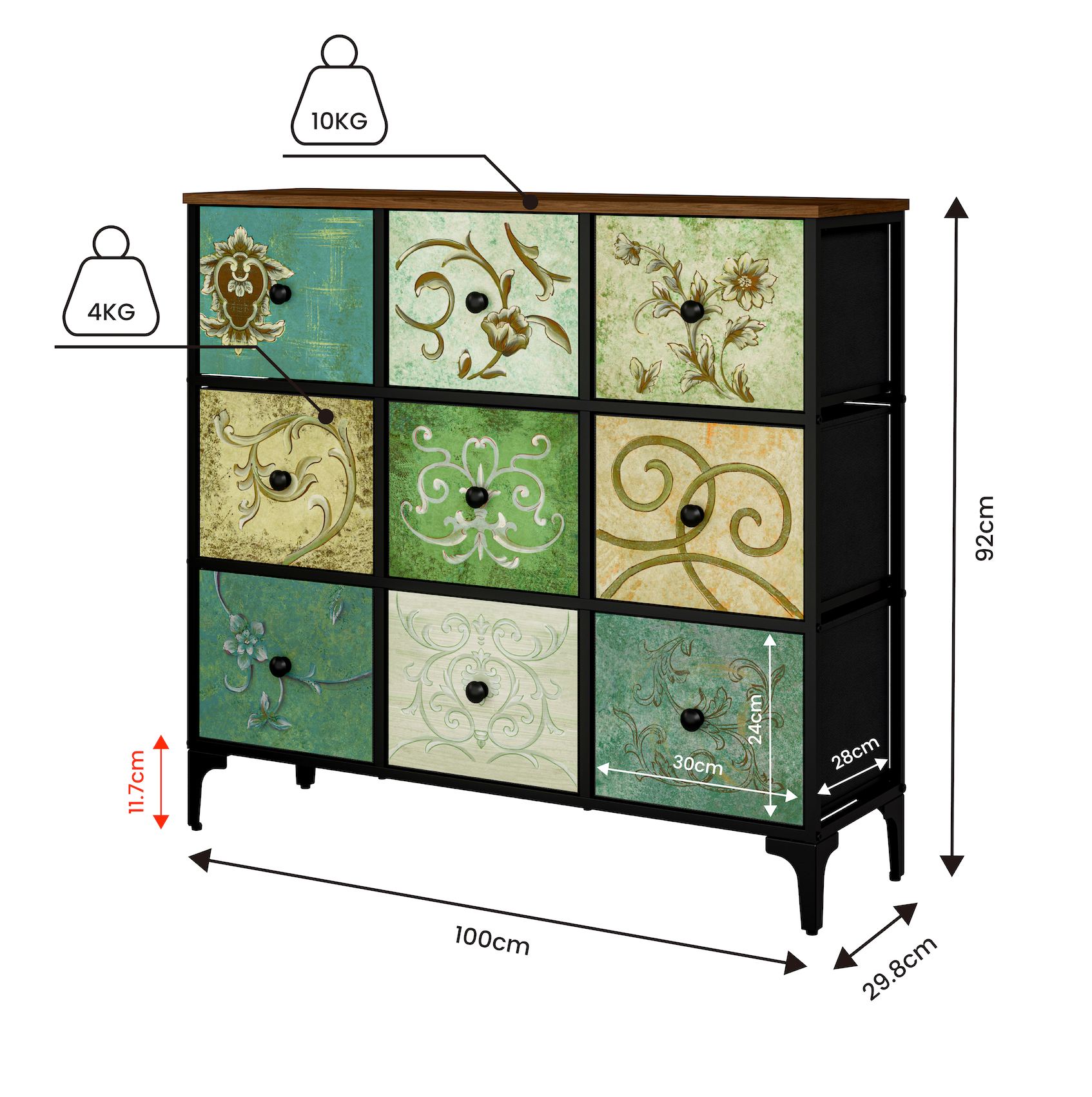 Cómoda De 9 Cajones Organizador Cajonera De Estructura Metal, Tabla MDF y Cajones De Tela Impreso
