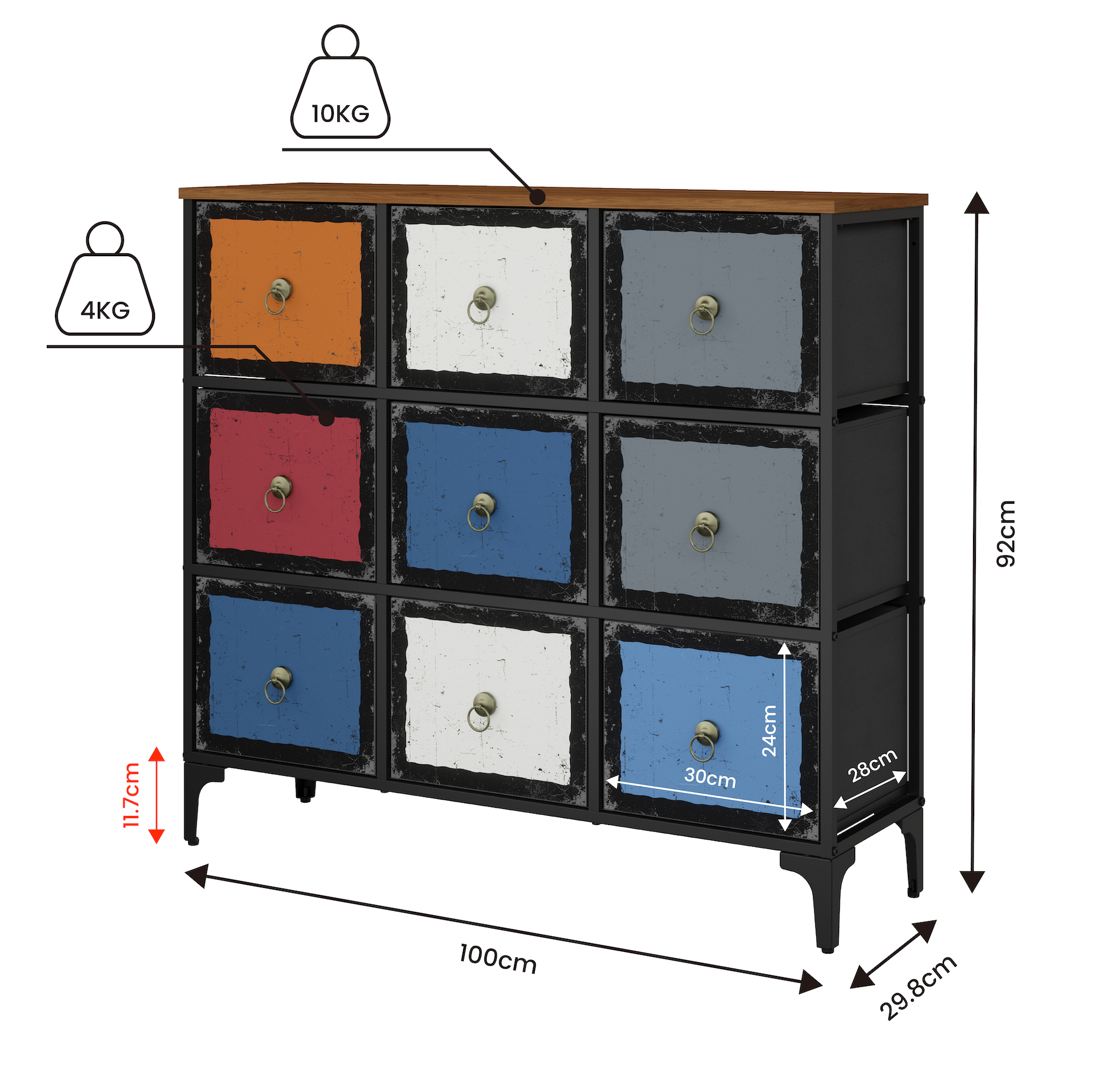 Cómoda De 9 Cajones Organizador Cajonera De Estructura Metal, Tabla MDF y Cajones De Tela Impreso