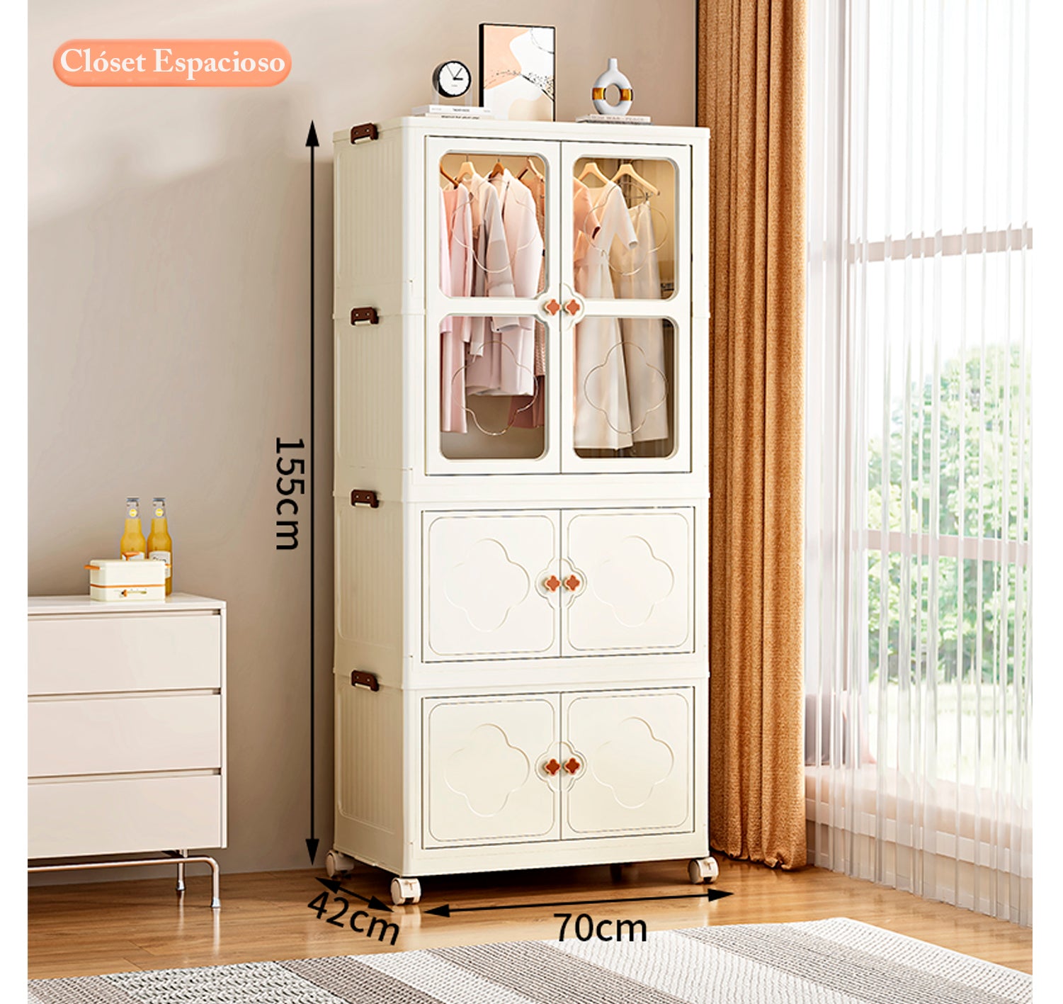 Clóset Plegable con Puertas, Ruedas y Varillas Colgantes, Armario Apilable de Plástico para Ropa