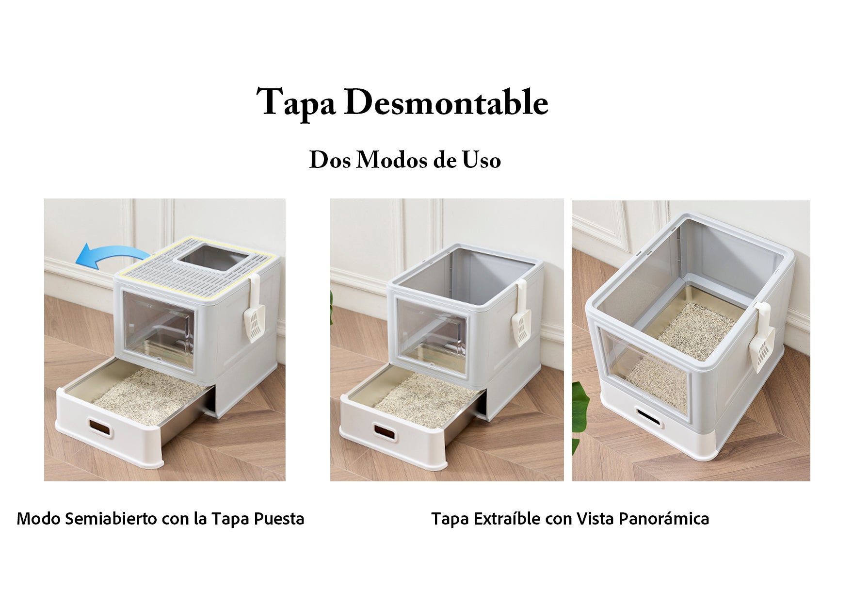 Arenero Cerrado para Gato con Bandeja Alta de Acero Inoxidable Integrado, con Palita y Tapa Desmontable