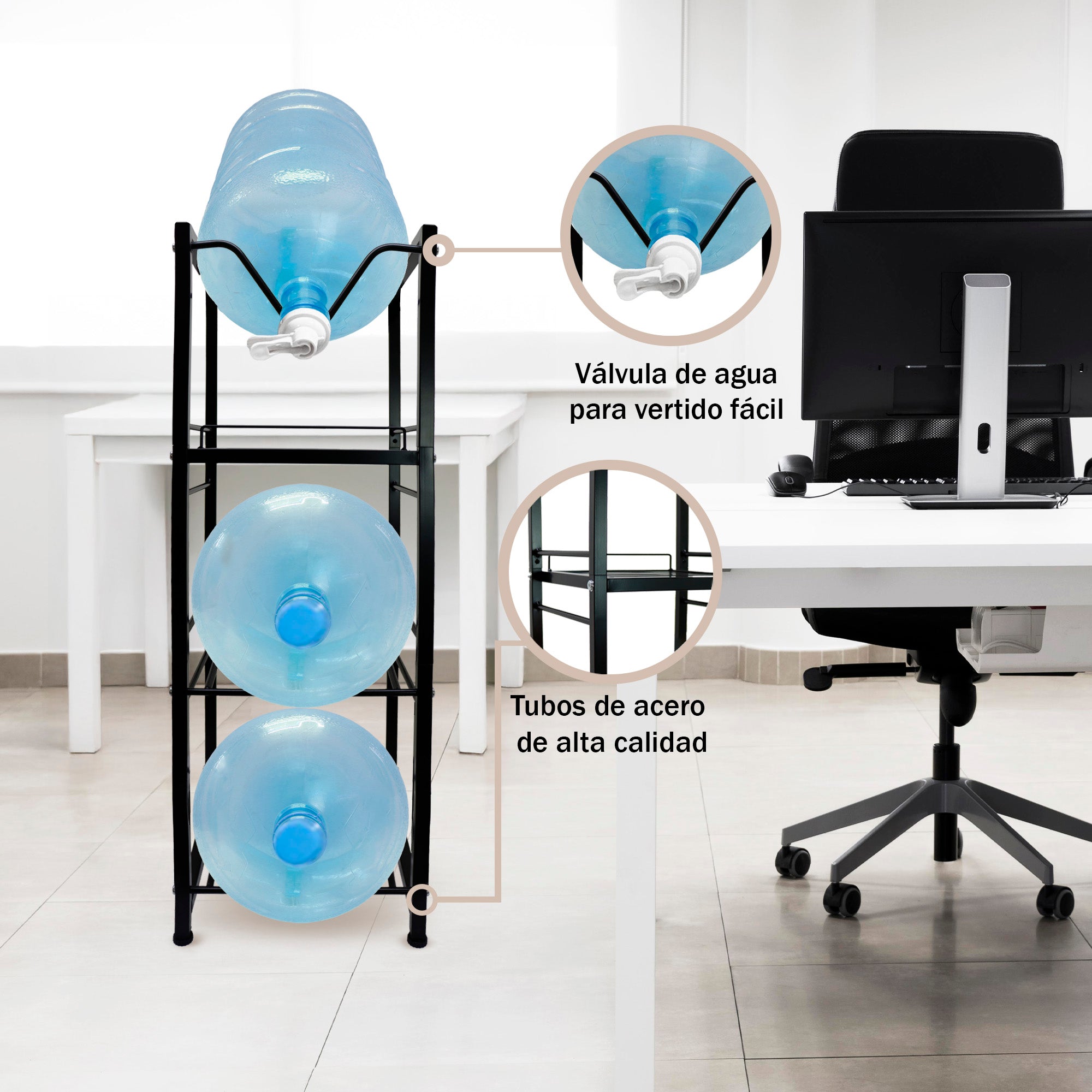 Estante para 3 Garrafones con Repisa y 2 Dispensadores – Ahorra Espacio en Cocina o Oficina