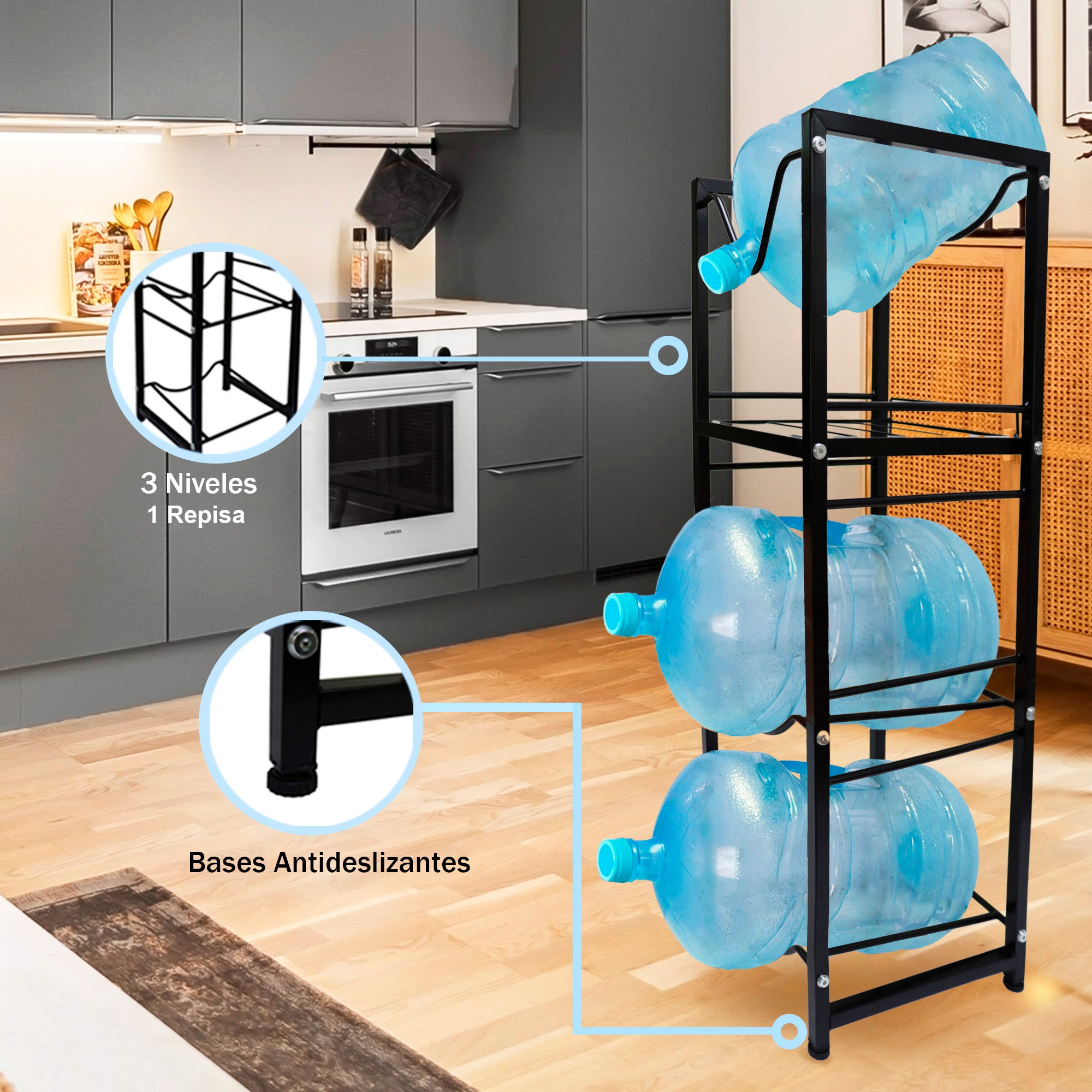 Estante para 3 Garrafones con Repisa y 2 Dispensadores – Ahorra Espacio en Cocina o Oficina